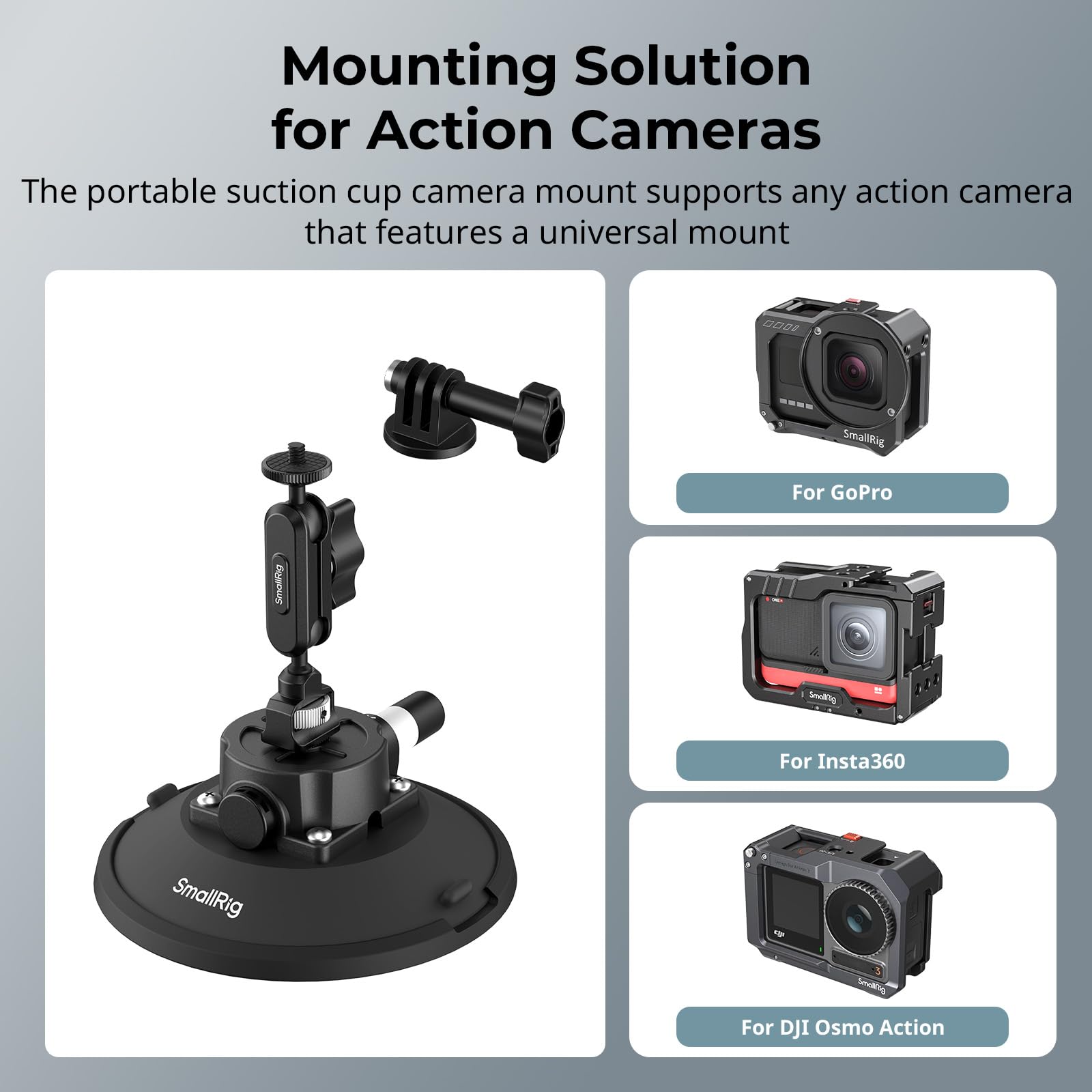 SMALLRIG Uchwyt 6" z przyssawką kulową Magic Arm, uchwyt do kamer sportowych do DJI Osmo Action 5 Pro/4, do Insta360 x5, do GoPro 13/12, udźwig 3 kg, na szybę samochodu lub okno - 5856