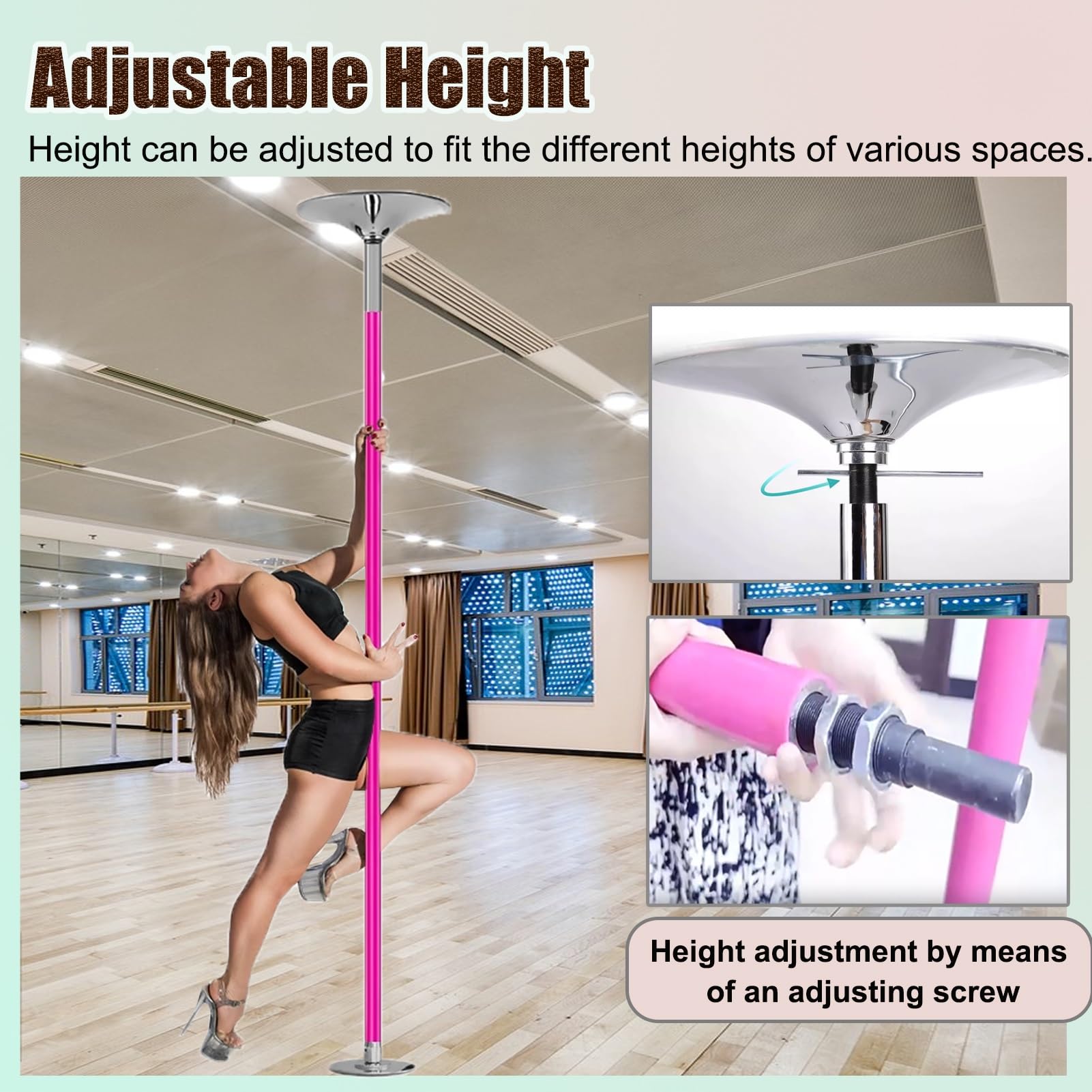 Palo Pole Dance da Casa Palo da Ballo Rotante da 45 mm e Palo di Prolunga, Rosa Palo a Strisce con Ordito in Silicone e Piastra Fissa, 2.3-2.75 m((2.3-2.75m/7.5-9ft) pole Set)