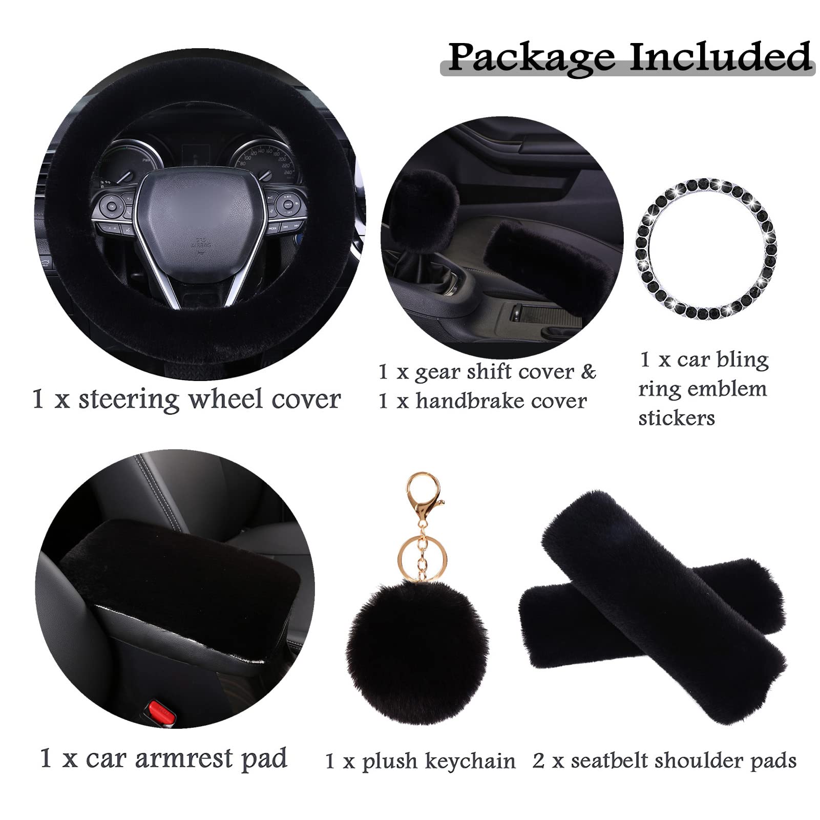 ZYNQACC 1 set di 8 coprivolante soffici, caldi e morbidi, per donne/ragazze, accessori universali per auto da 15" (nero)