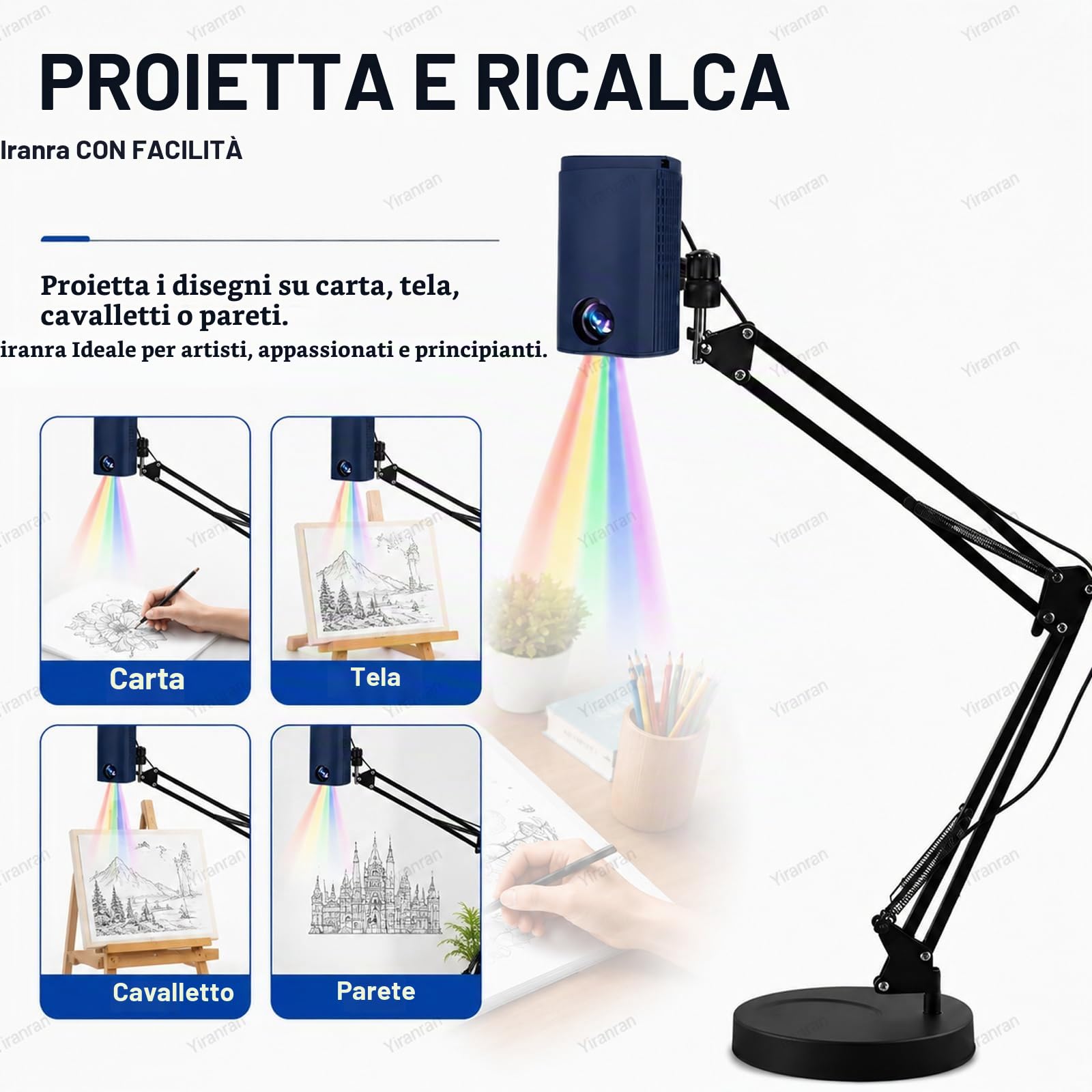 Proiettore per disegno, Proiettore artistico per ricalcare, disegnare e dipingere, Il dispositivo supporta telefoni cellulari, chiavette USB, connettività Wi-Fi e USB per un facile trasferimento