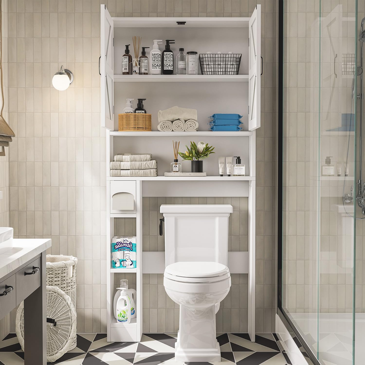 Badezimmerschrank, Waschmaschinenschrank, Waschmaschine Trockner Schrank mit 2 Türen und Verstellbaren Regalen, Toilettenregal, Toilettenschrank, Weiß