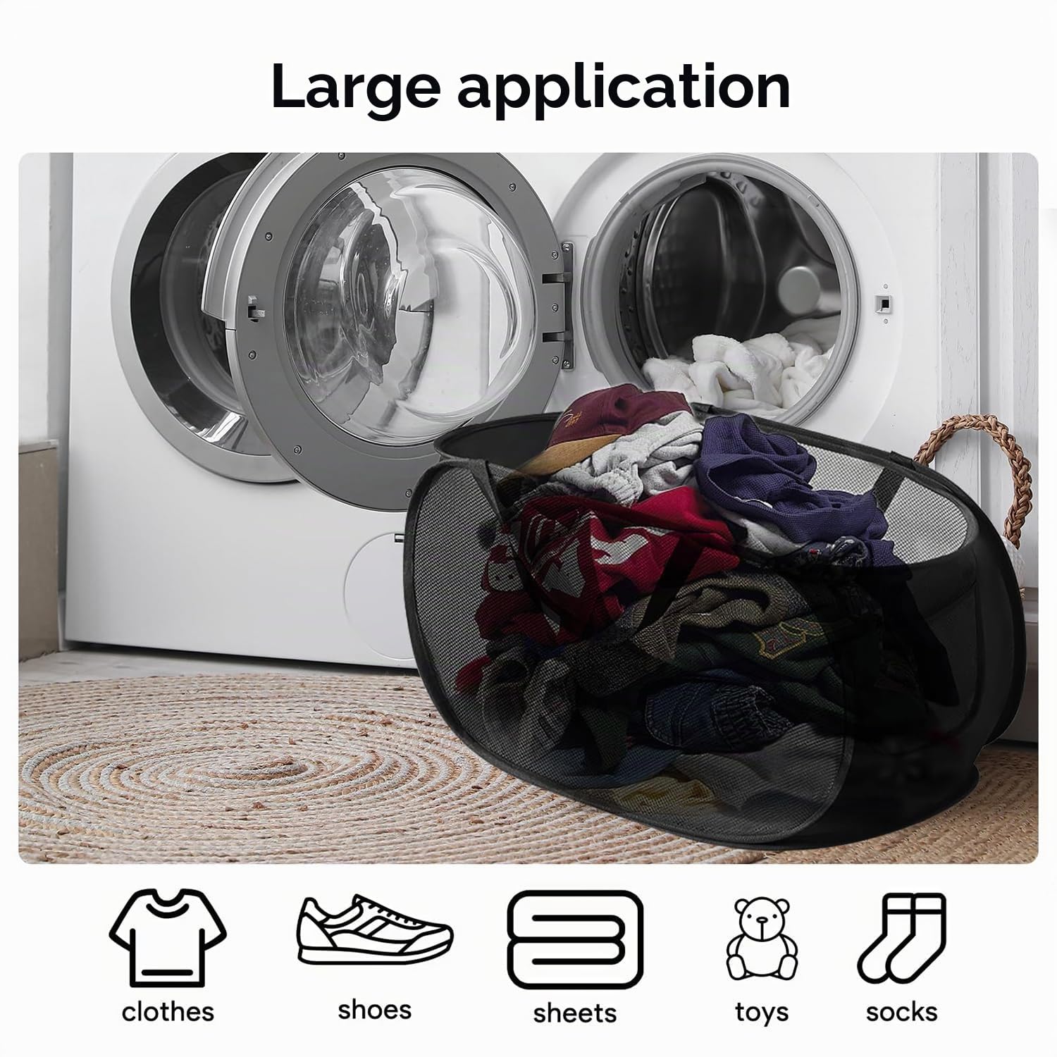2 Pièces Panniers à Linge Pliable, 36 x 36 x 58 Cm, Pop Up Laundry Basket Hamper, Panier à Linge Pliable Pop-Up, En Maille Filet Avec Poignée, Pour le Changement Des Vêtements - Noir (Noir)