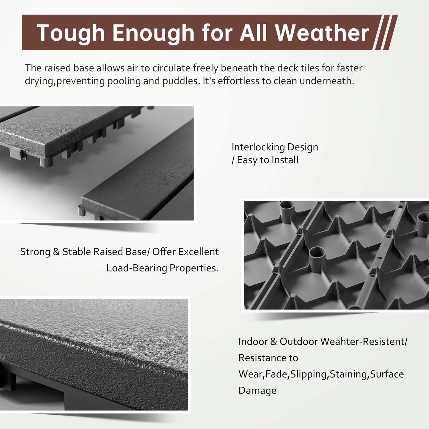 EchoDeck Interlocking Deck Tiles,9 Pack Patio Tiles Outdoor Interlocking All Weather,Patio Deck Tiles,12"x12",Woodgrain,Sturdy Base,Highly Durable,Stylish,Non-Slip,Faster-Drying,Efficient,Dark Grey