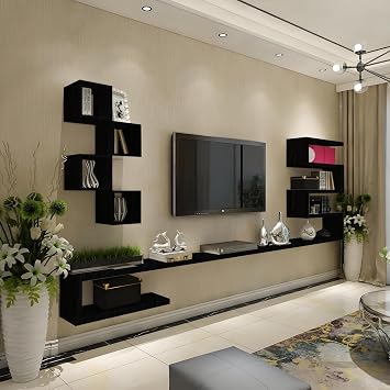 رف تلفزيون عائم مثبت على الحائط، حامل مركز ترفيهي خشبي حديث مع مساحة تخزين لغرفة المعيشة وغرفة النوم، أسود/أبيض أسود 63 بوصة