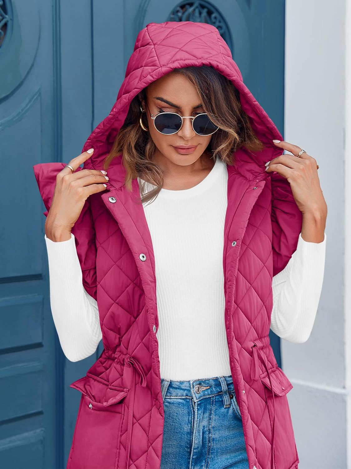 Tankaneo Womens Long Puffer Vest Ruffle Sleeve Winter Coats Hood Sleeveless Quilted Jackets Outwear - Image 5