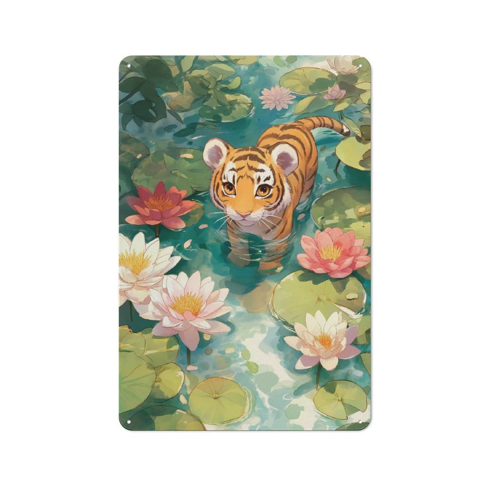 Junmoney Cute Tiger Cub In Lily Pond Kitchen Metal Sign With Design 30X20cm, Classic Diner Style Decor For Coffee Bar, Kitchen, Bistro Or Tea Corner