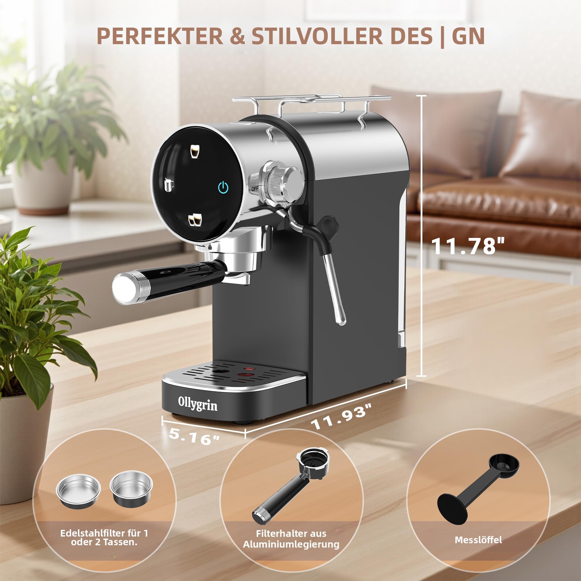 Ollygrin 20 Bar Espressomaschine mit Milchaufschäumer - Für Einzel- und Doppelshots, mit entnehmbarem Wassertank, Vorinfusion für cremigen Genuss - Ideal für Haushalt und Büro