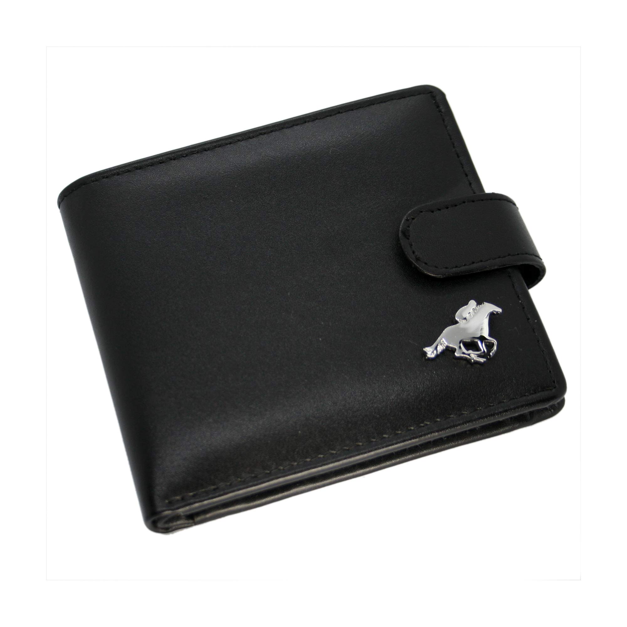 Giftsearch Genuine Black Mens Leather Wallet with a Jockey on Horseback Design Emblem