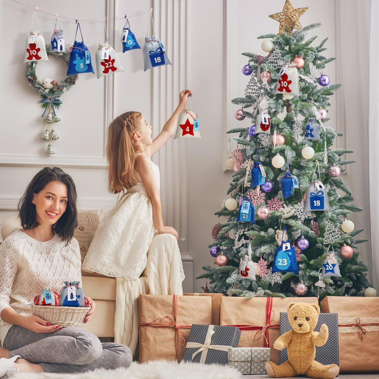 Cabilock Kordelzug-Taschen, 26 Stück/Set, dekorative Countdown-Taschen, Weihnachts-Adventskalender, kreative Weihnachts-Hängetaschen, Weihnachtsbaumschmuck