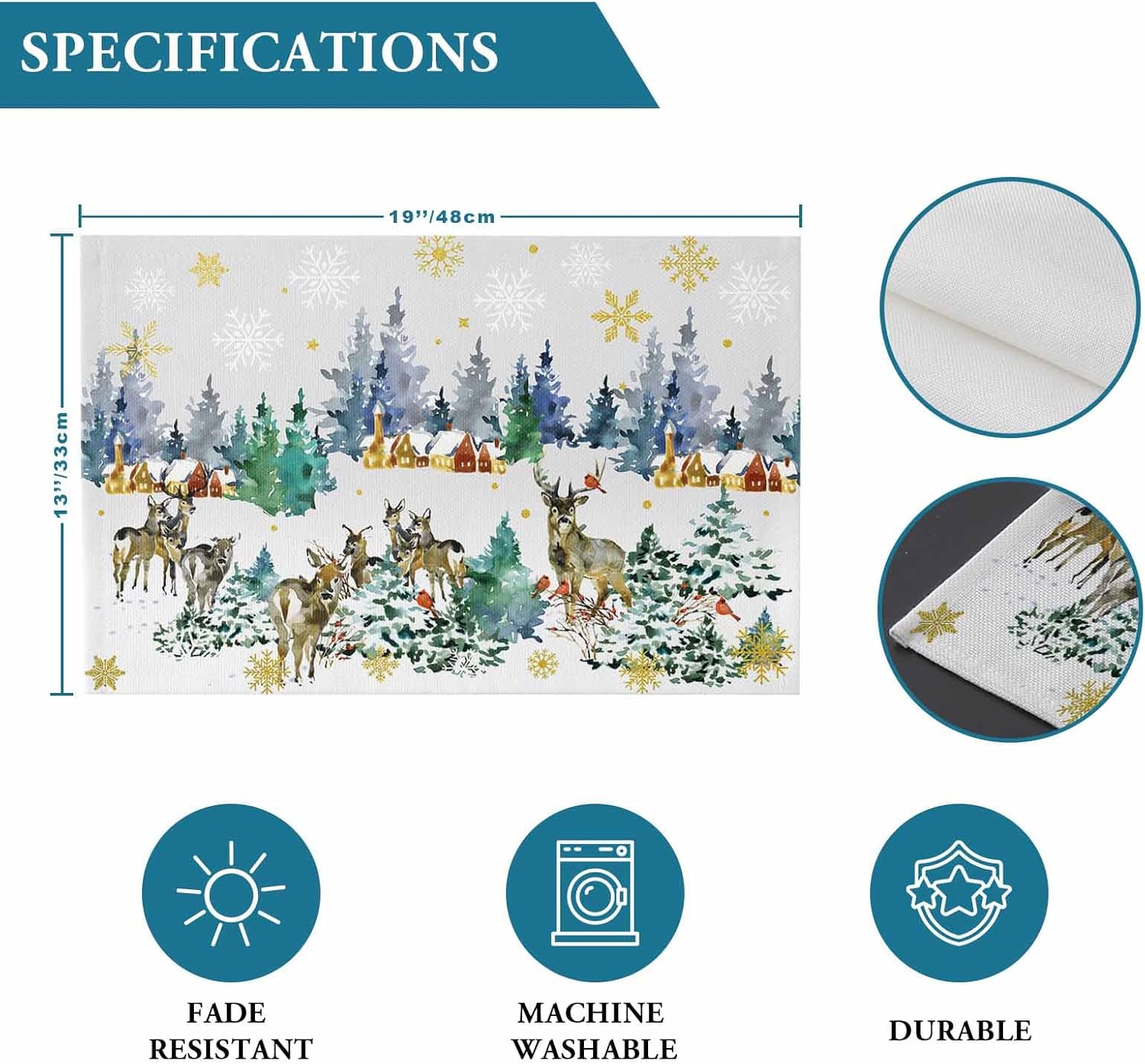 Christmas Elk Placemats Set of 6, Winter Forest Non-Skid Place mats, Pine Snowflakes Xmas Holiday Table Mats, Washable Stain-Resistant Tablemats for Party/Dining Room/Kitchen Decorations