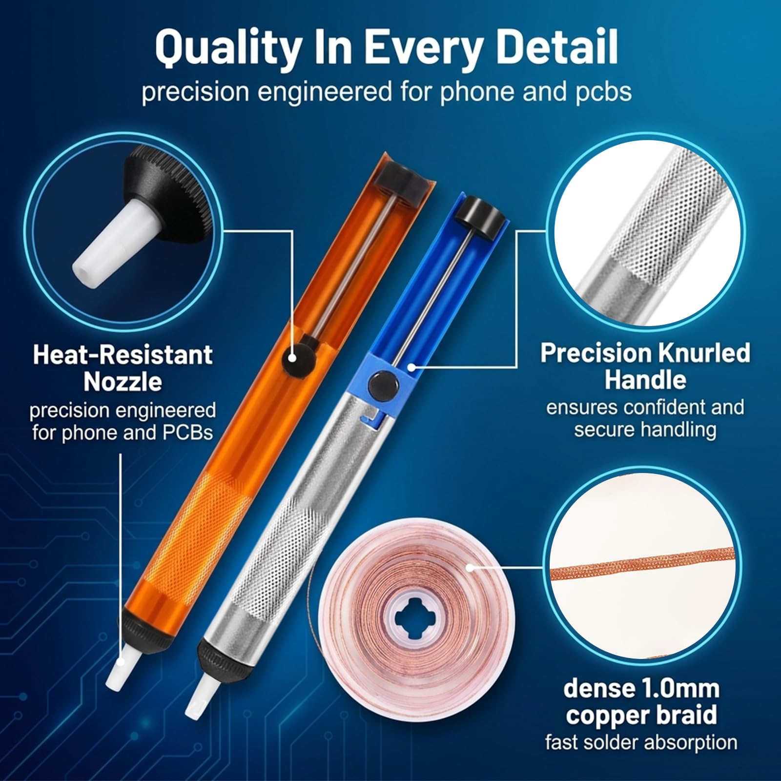 Set 3 Pezzi Pompa Dissaldante Professionale e Treccia in Rame, Succhiastagno Manuale ad Alta Aspirazione (187mm), Strumento per Rimozione Stagno Liquido, Kit Essenziale per Saldatura