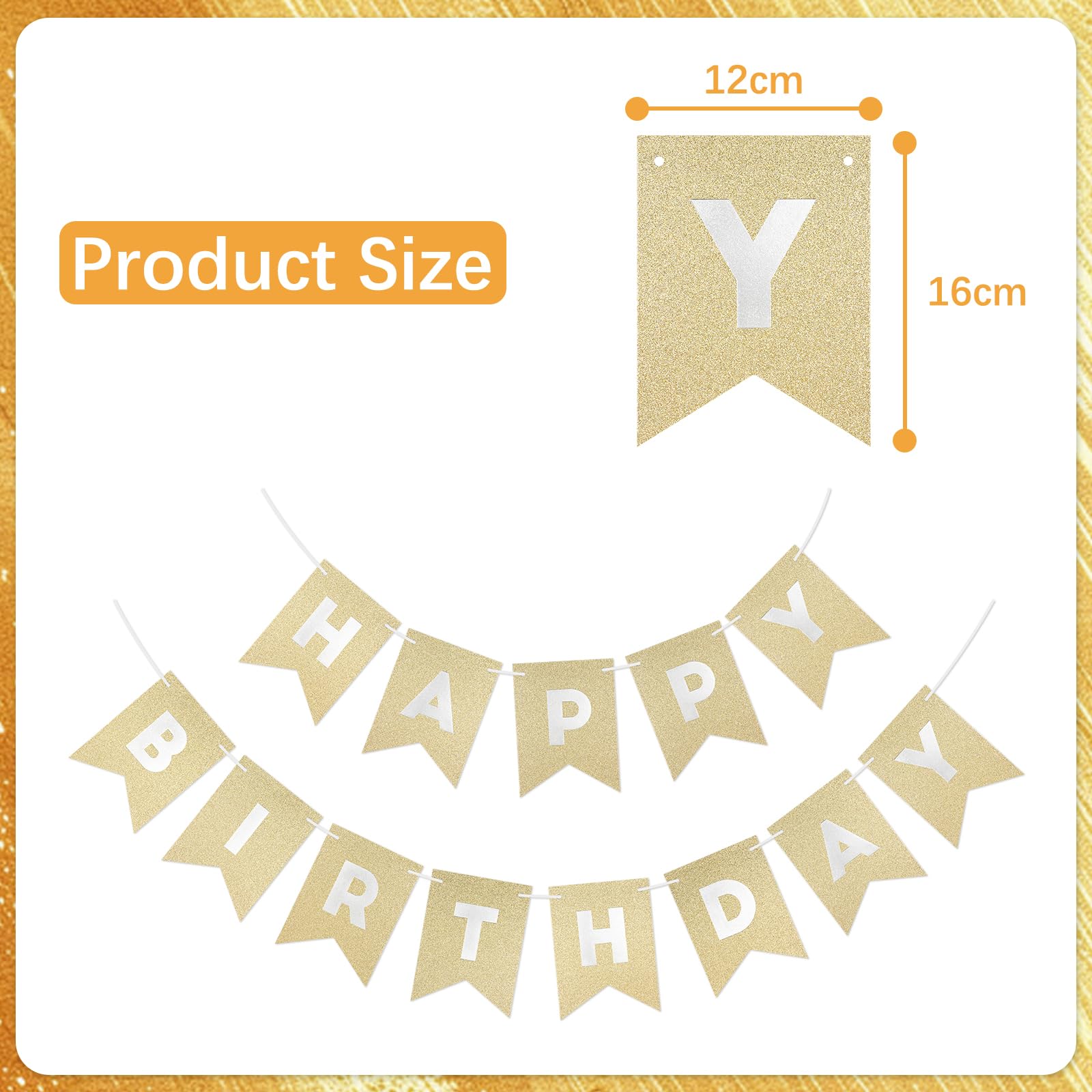 MYHOGOOD Glitter Happy Birthday Banner,Birthday Party Garland Bunting Banner,Shimmering Swallowtail Flag Glitter Happy Birthday Banners for Women Men Adults Kids Party Decorations and Supplies(Gold) - Image 2