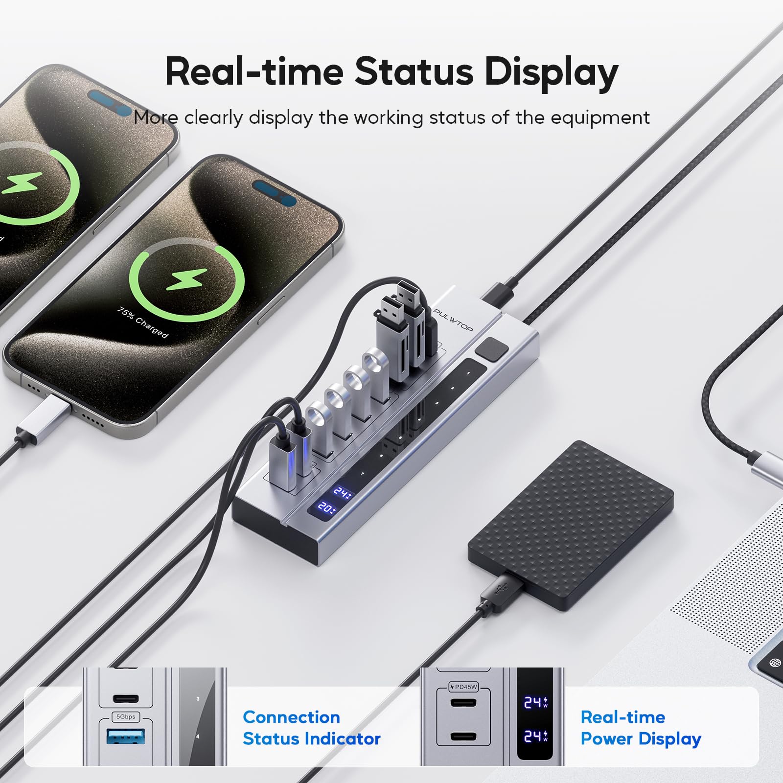 Hub USB Alimentado con Adaptador de PD 65 W, Hub USB 3.2 con USB-C 10 Gbps, USBA de 5 Gbps y 2 Puertos de Carga USBC PD de 24/45 W, concentrador USB para portátiles y tabletas MacBook