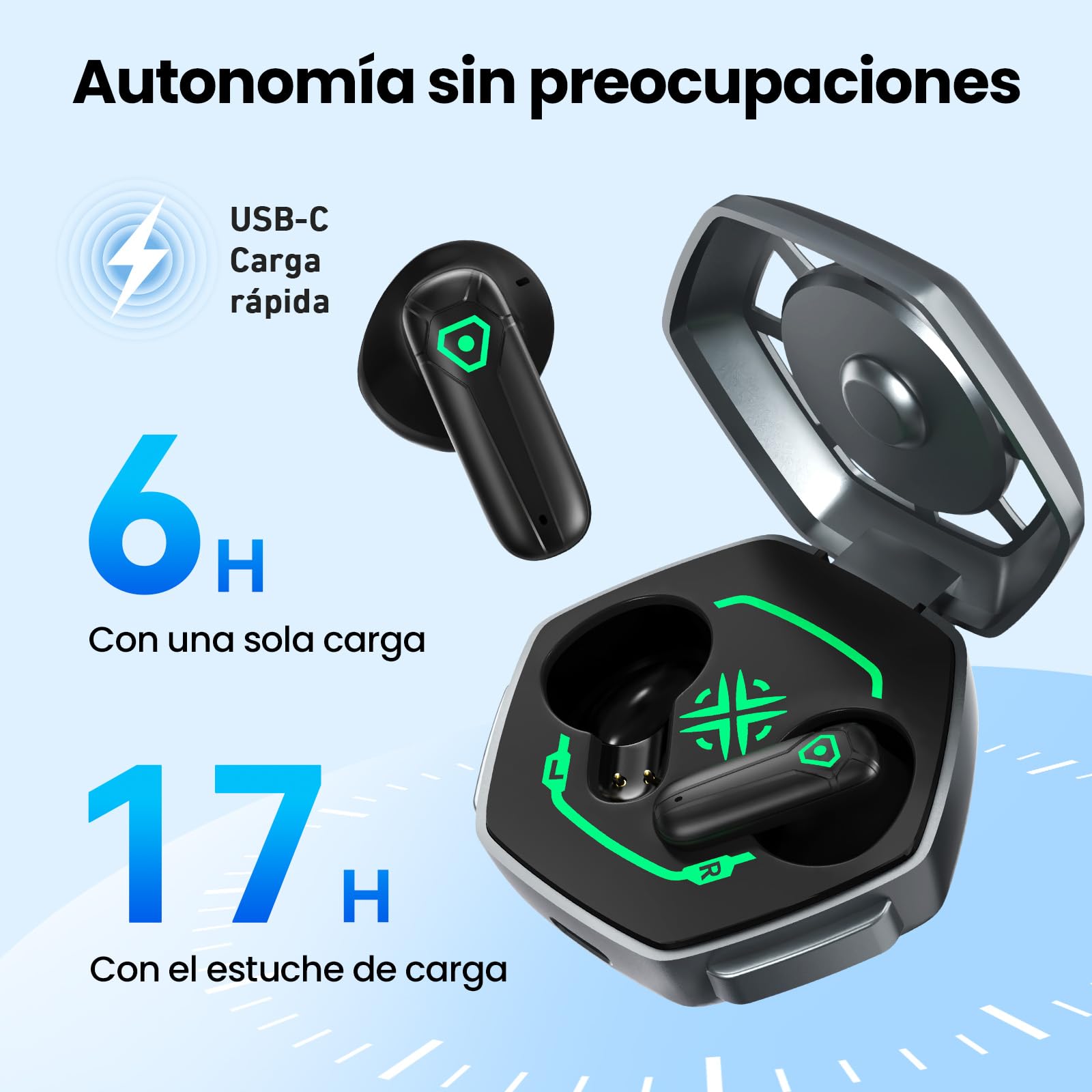 ANCwear Auriculares Bluetooth 5.3 con Modo Juego y Estuche LED | Bluetooth 5.3, drivers de 13 mm, modo juego, 3,5 g, estuche LED, control táctil, USB-C y hasta 20 h