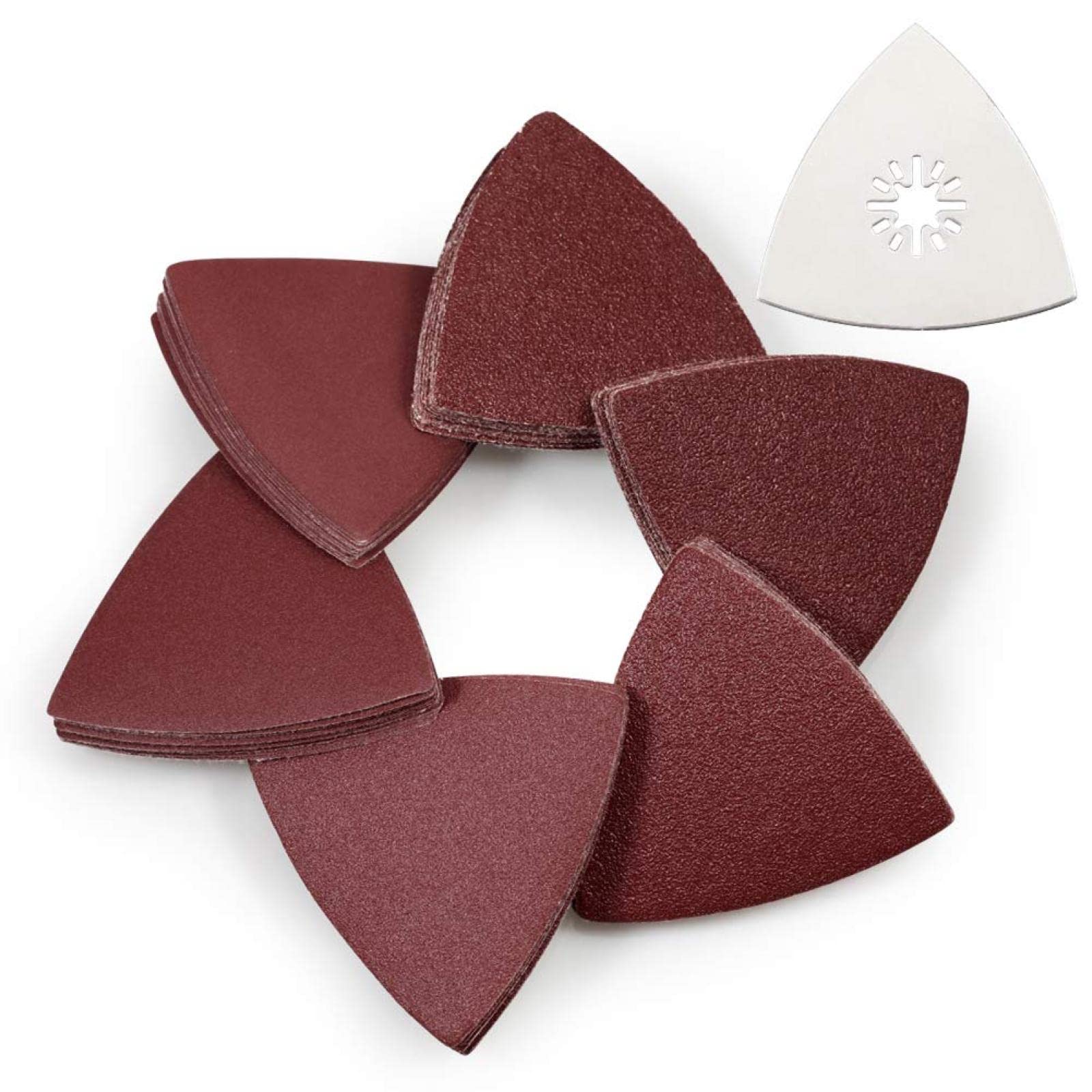 Almohadillas de lijado triangulares con gancho y 61 discos de lijado de gancho y bucle triangulares de 3-1/8 pulgadas y 80 mm con almohadilla de lijado oscilante de acero inoxidable, lijadora de detal
