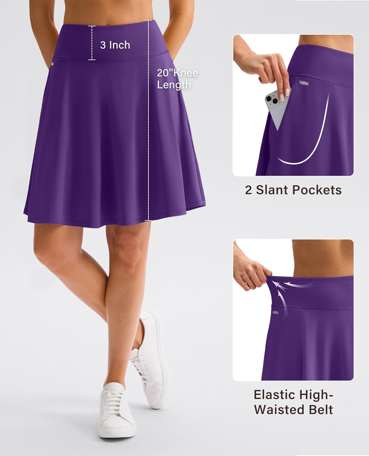 Viodia 20'' Knee Length Skorts for Woman with Pockets Tennis Golf Athletic Skort High Waisted Long Skirts with Shorts