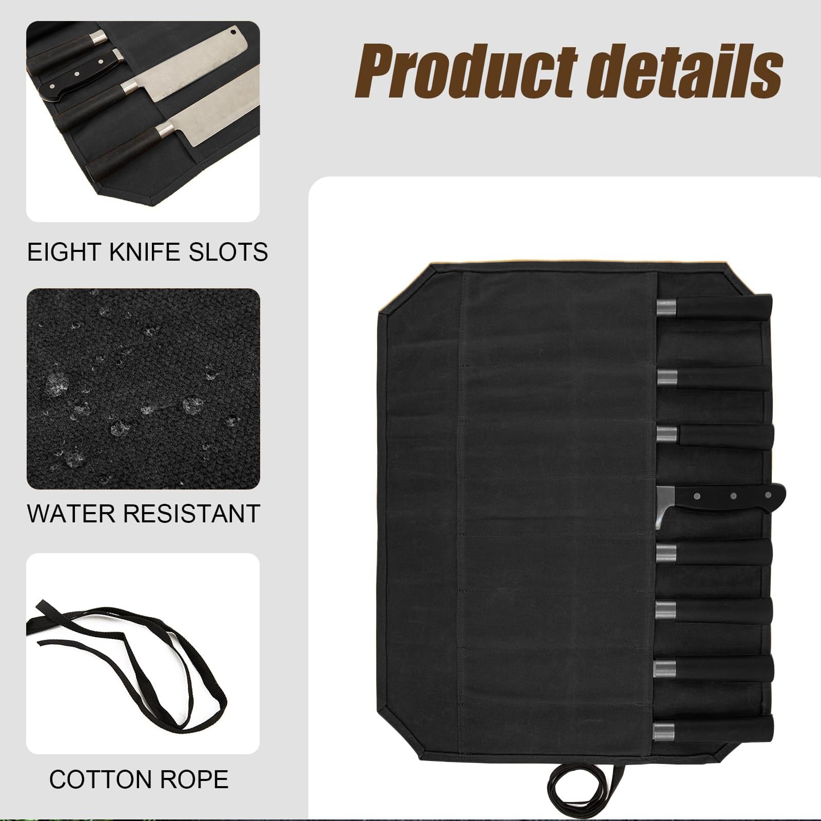 Borsa per coltelli, coltello da cucina con 8 scomparti per coltelli e cucchiai, in tela di cera, regalo per cuochi professionisti o appassionati culinari, Nero , 56 x 43 cm, Conservazione di