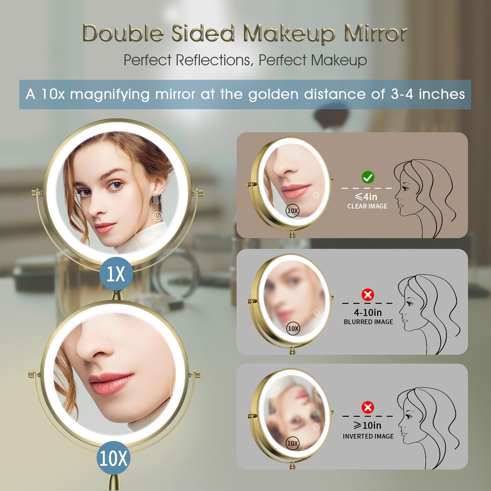 MATEPROX 8 Pollici Specchio da Trucco con Luci, Doppio Lato 1X 10X Ingrandimento, Specchio da Trucco Girevole con 3 Colori di Illuminazione, Sensore Touch e Regolazione della Luminosità-Oro