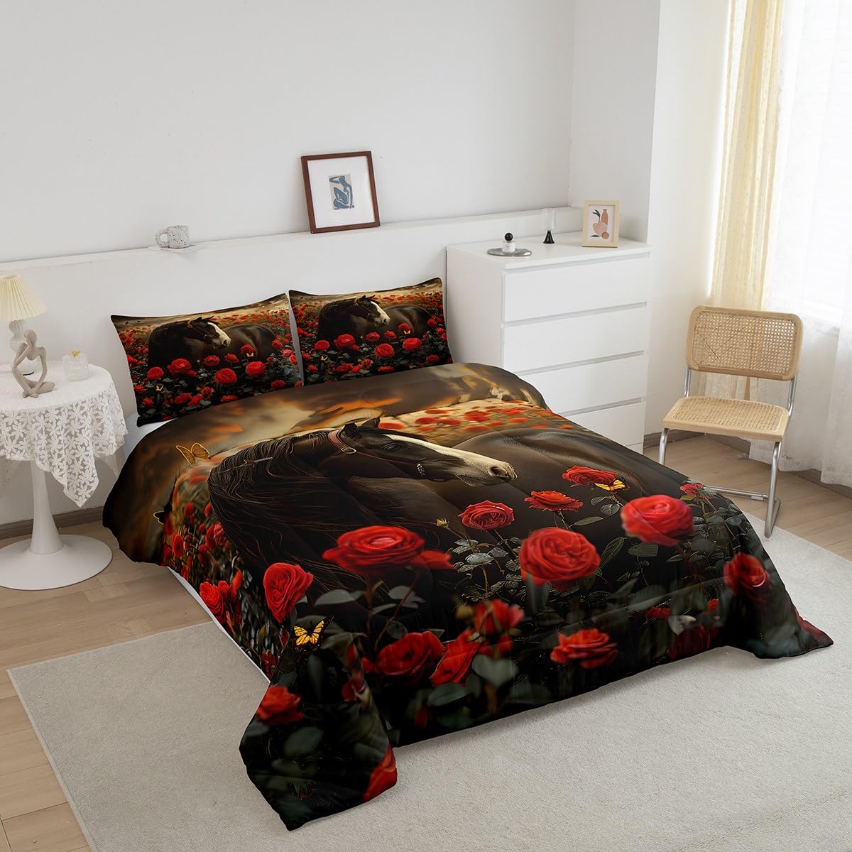 Feelyou Kids Horse Comforter Set Twin, Galloping Bedding Set Rose Black Duvet 2Pcs Room Decor Quilt Collection for Boys Girls Toddler