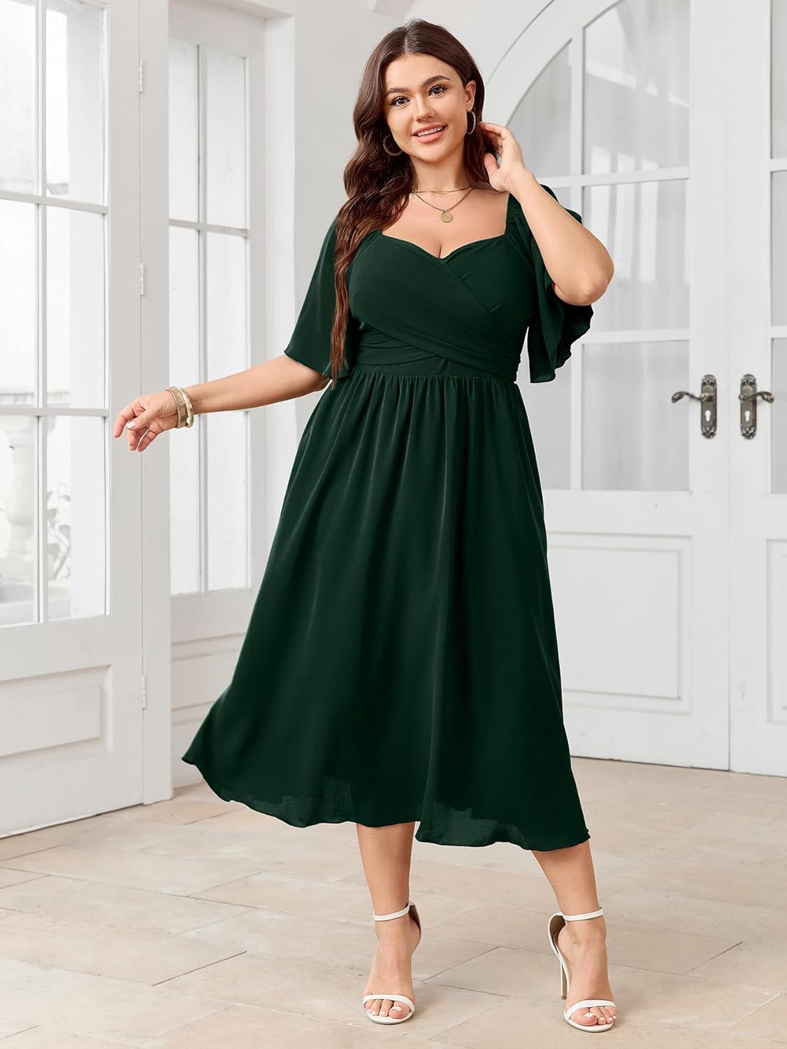 Women's Plus Size Midi Dress Sweetheart Neck Short Sleeve Wedding Guest Cocktail A Line Flowy Dress - Image 3