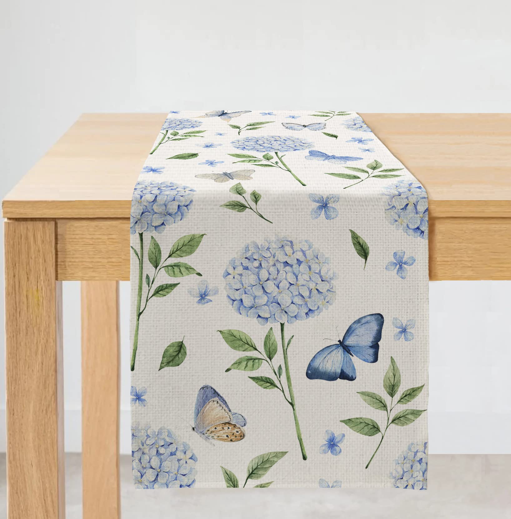 ARKENYSpring Flowers Hydrangea Blue Table Runner 72x13 Inches, Floral Butterfly Farmhouse Seasonal Indoor Outdoor Anniversary Table Decoration for Home