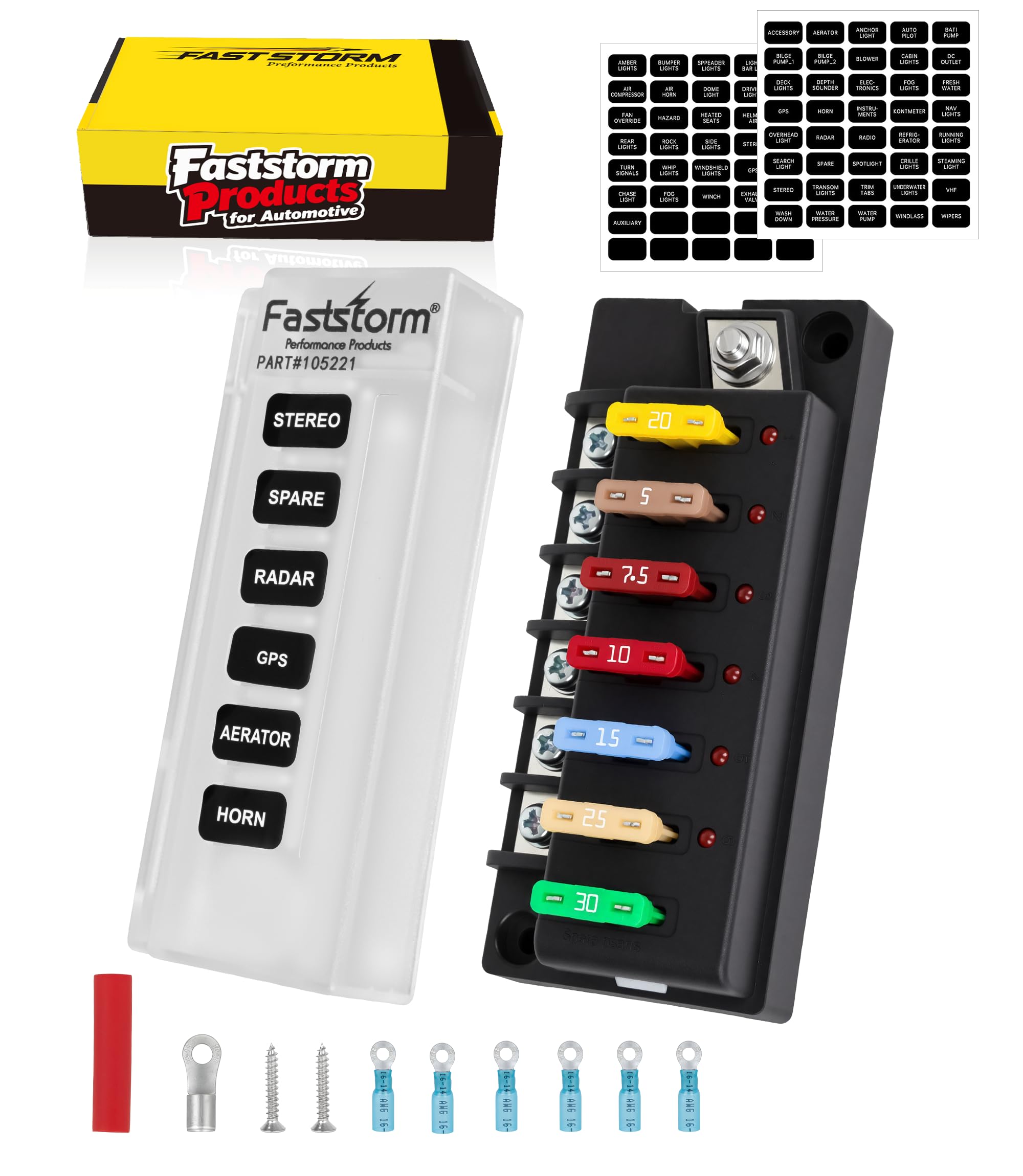 FASTSTORM 6 Circuits Waterproof Marine Fuse Panel, ATO Blade Fuse Block with LED Indicator 12V 24V Golf Cart Fuse Box 12 Volt Marine Fuse Block with Protection Cover for Car Automotive Boat RV Truck