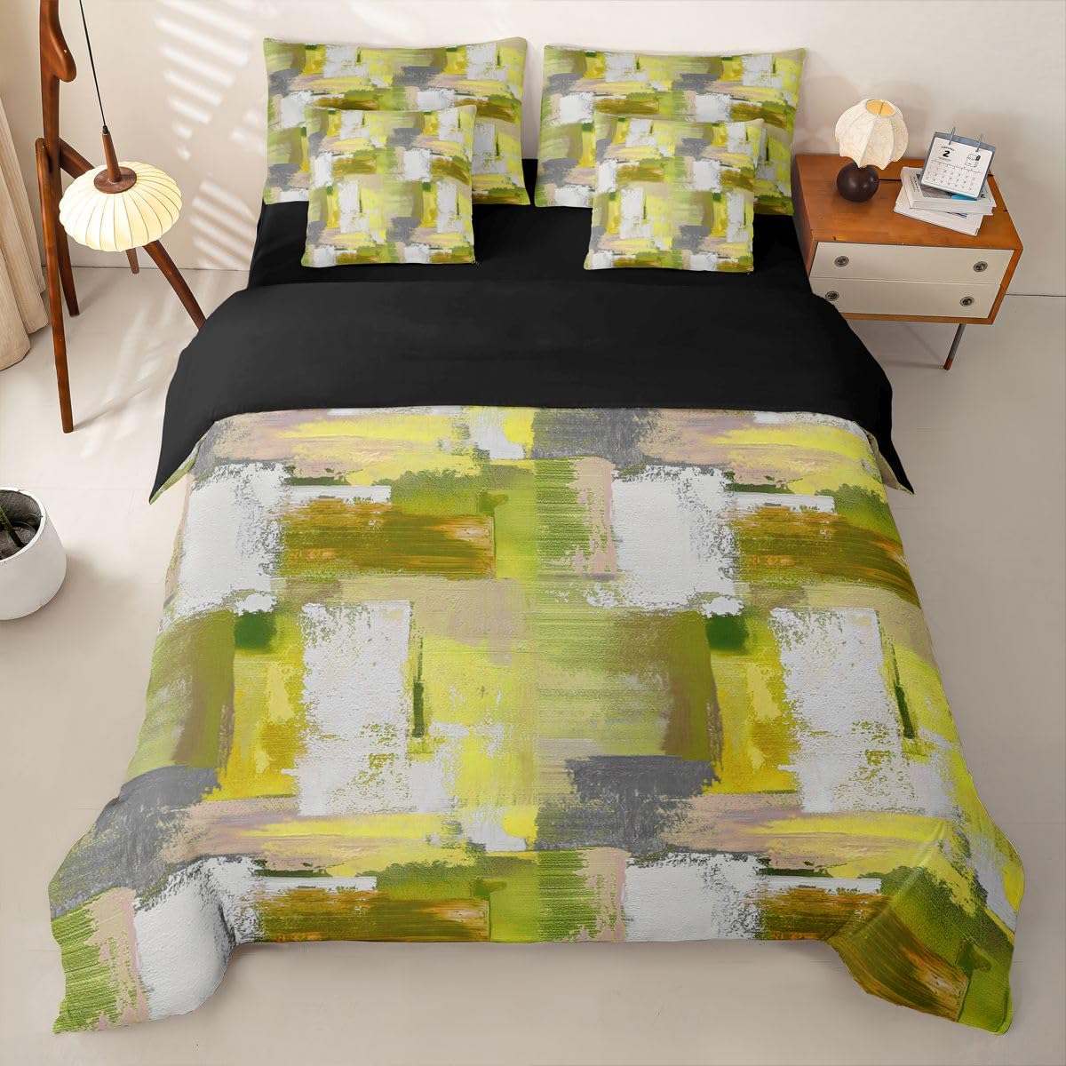 Loussiesd Set di biancheria da letto con copripiumino singolo astratto con lenzuola, per bambini, ragazzi e ragazze, motivo geometrico, giallo, verde, ombré, 7 pezzi, moderno, sfumato, decorazione per