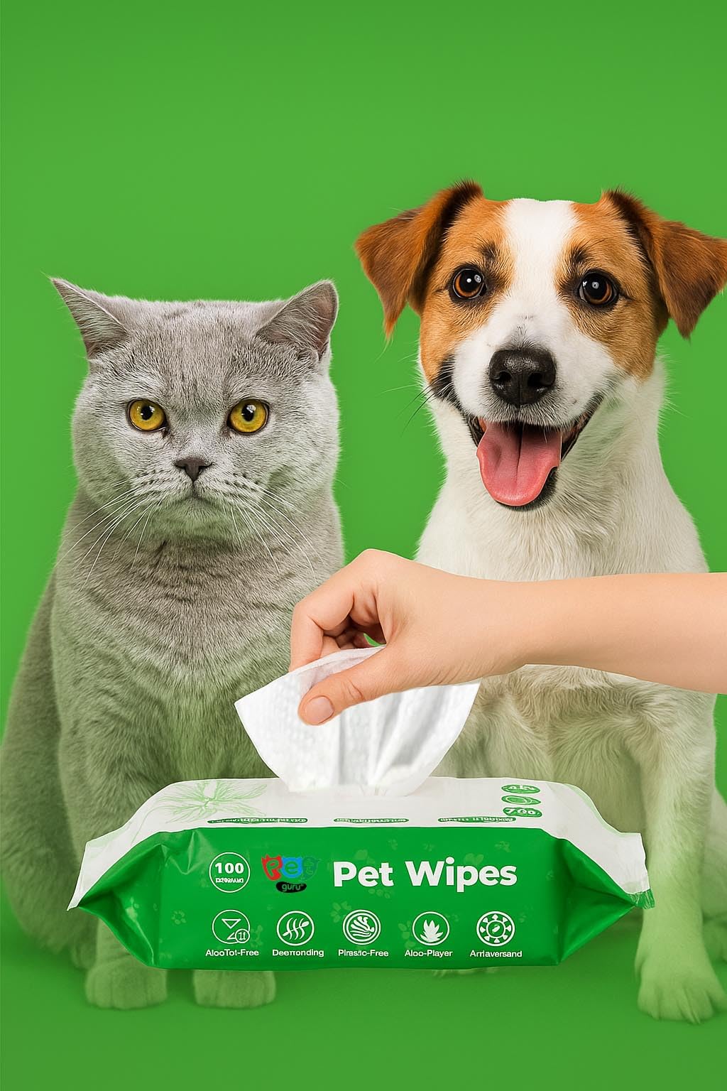 Pet Guru® Dogs & Cats - Toallitas desodorizantes antibacterianas 100 % libres de plástico, biodegradables, multiusos, para mascotas, a base de plantas, sin alcohol (1200 toallitas, sin perfume)