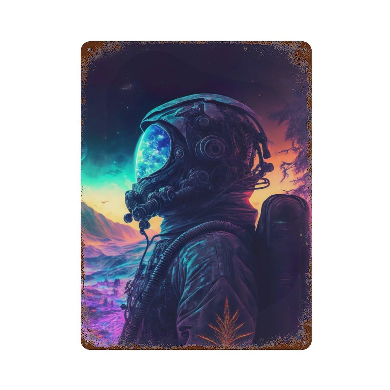 Distressed Metal Wall Sign Neon Landscape Astronaut 15.7"x11.8", Vintage Wall Decor for Cafe, Home Bar And Lounge Decor