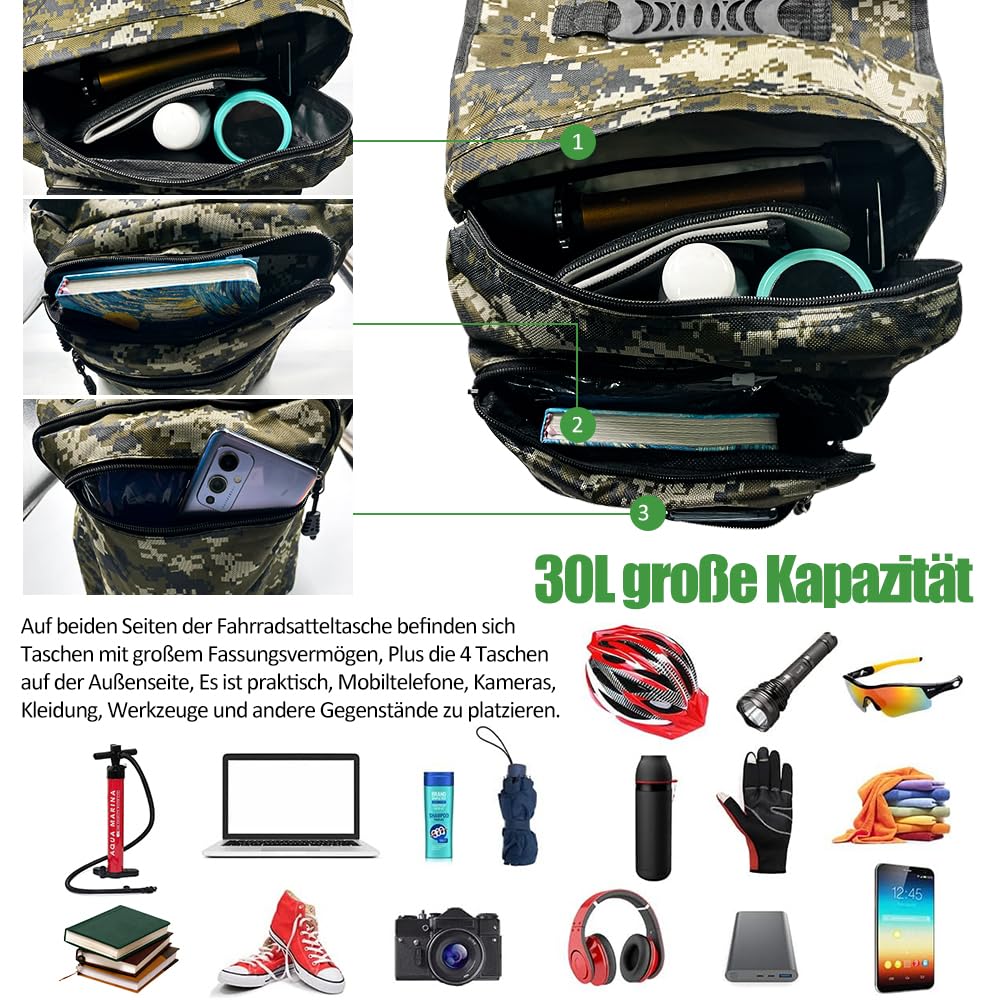 Borse da bicicletta per portapacchi, da 30 l, doppia borsa da bicicletta per portapacchi posteriore, impermeabile, con copertura antipioggia, con nastri riflettenti (mimetizzazione)