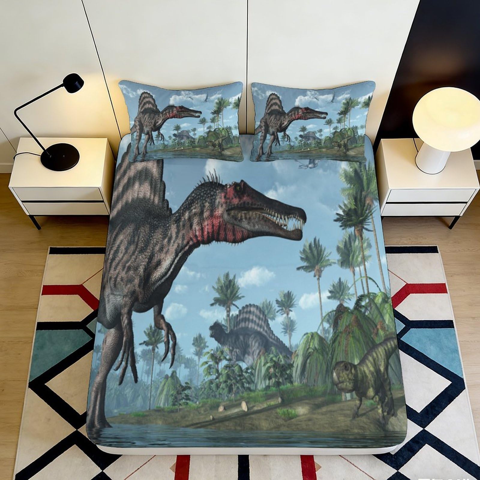 3D Printed Dinosaur Jungle Fitted Sheet Microfiber Anti-Slip Mattress Cover for Bedroom Dorm Room Decoration Washable 140x200x25cm