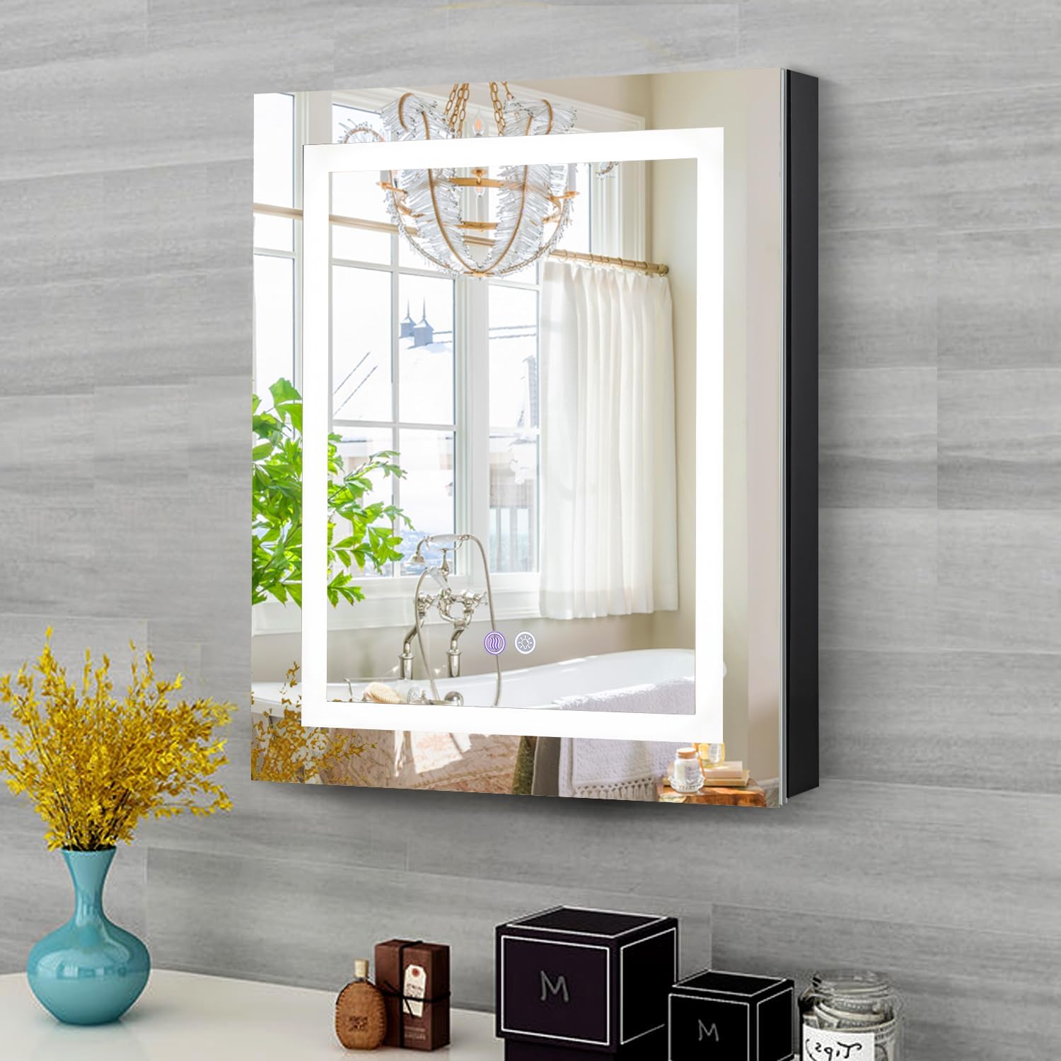 Lighted Bathroom Medicine Cabinet With Mirror Silver 24 x 30'' Recessed or Surface Wall Mounted LED Lights Medicine Cabinets, Defog, Stepless Dimming, 3 Color Temper Shelves 2 Outlets, Left Hinge