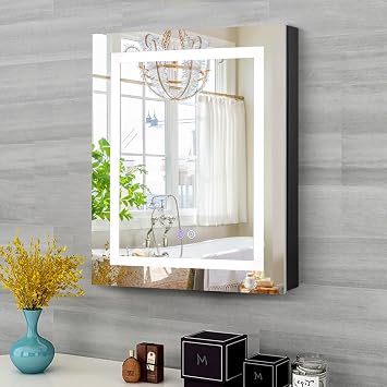 Lighted Bathroom Medicine Cabinet With Mirror Silver 24 x 30 Recessed or Surface Wall Mounted LED Lights Medicine Cabinets, Defog, Stepless Dimming, 3 Color Temper Shelves 2 Outlets, Left Hinge