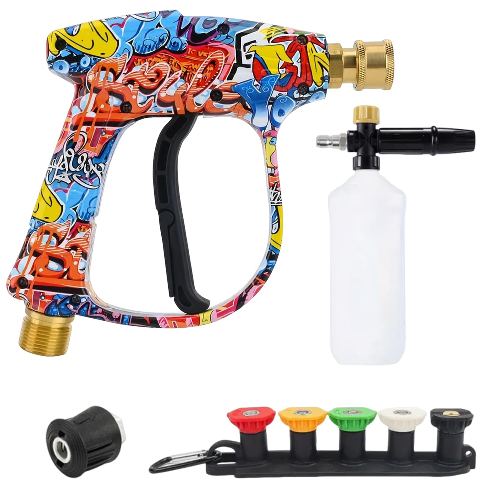 BOOZXCV Short Handheld Pressure Washer Gun with 1/4 Inch Quick Connector, 5 Spray Nozzle & Watering Can, 3000 PSI Graffiti Power Foam Cannon, for Car Yard Fence