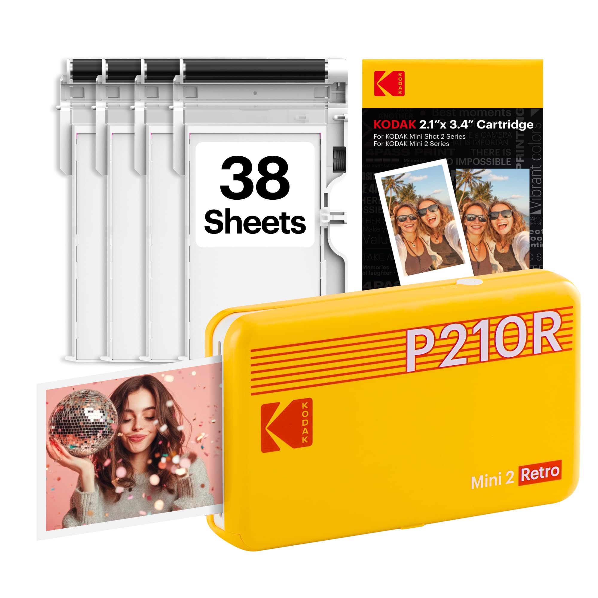 KODAK Mini 2 Retro 2x3 Portable Photo Printer, 38 Sheets, Bluetooth Phone Printer for iOS & Android, Instant Color Prints, 4PASS Dye Sublimation, Yellow