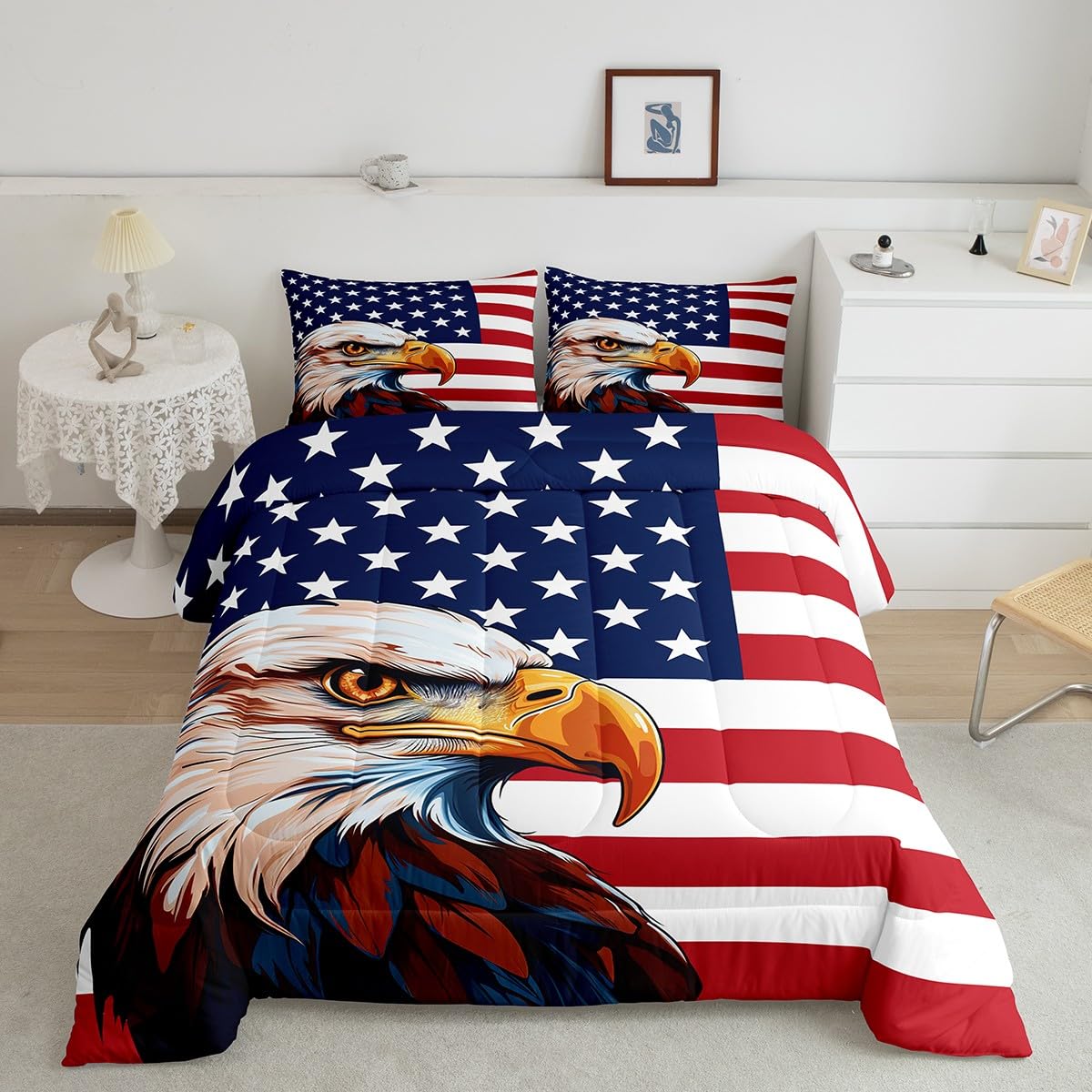 Erosebridal American Flag Bedding Set, Eagle Comforter Set Twin Size for Kids Teens Adult, United States Quilted Duvet Boys USA Federations Stars