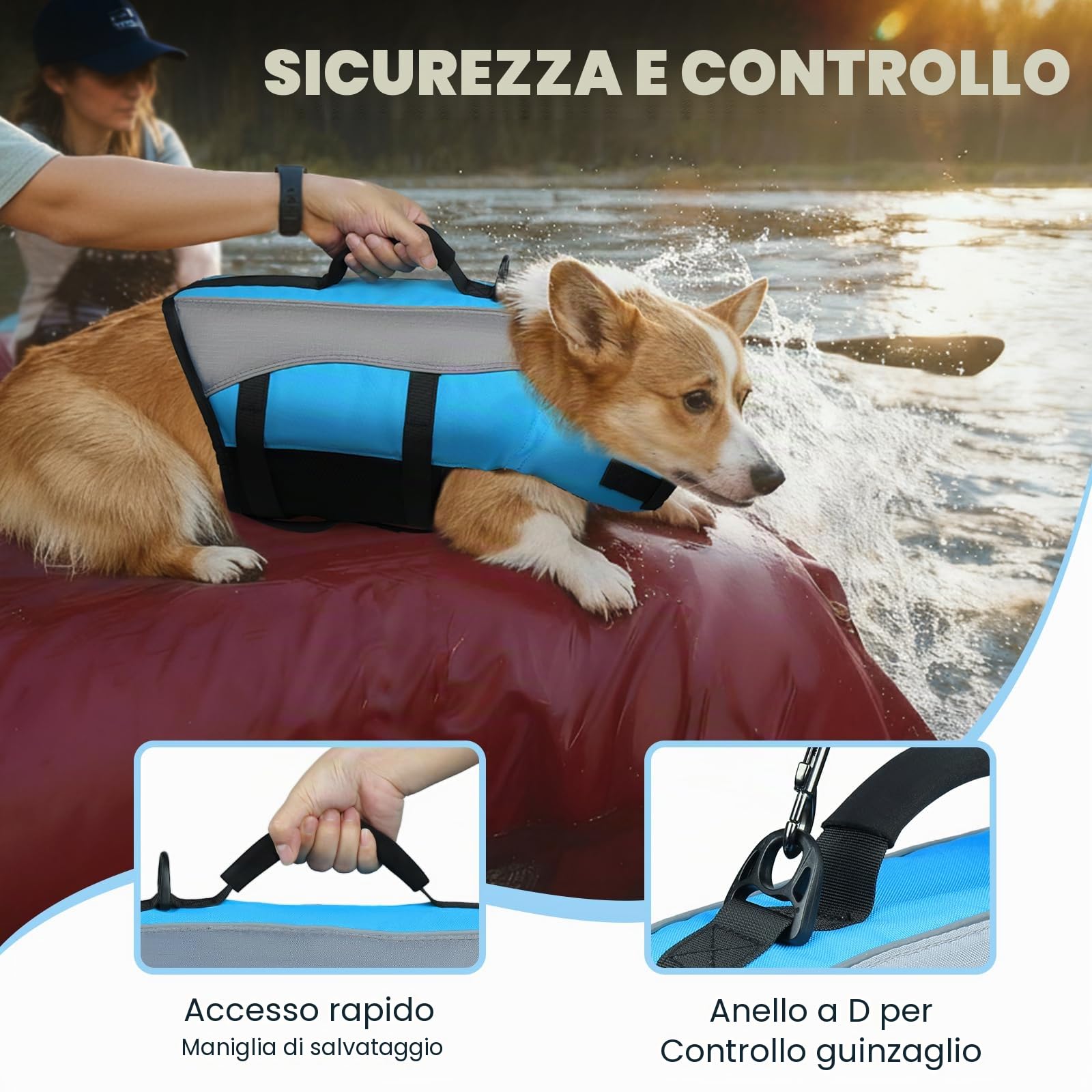 vivaglory Giubbotto salvagente per cani, doppia chiusura con velcro e fibbia regolabile | Giubbotto di salvataggio con poggiatesta anteriore per nuotare, ripstop e galleggiamento per cani