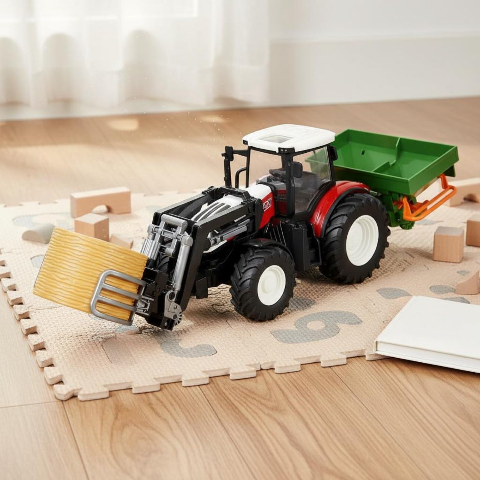 Gralara Tractor Teledirigido Infantil Vehículo Agrícola Camión Granja Remolque con Brazo Frontal y Funciones y Marcha Atrás para Tareas de Granja Simuladas, Verde