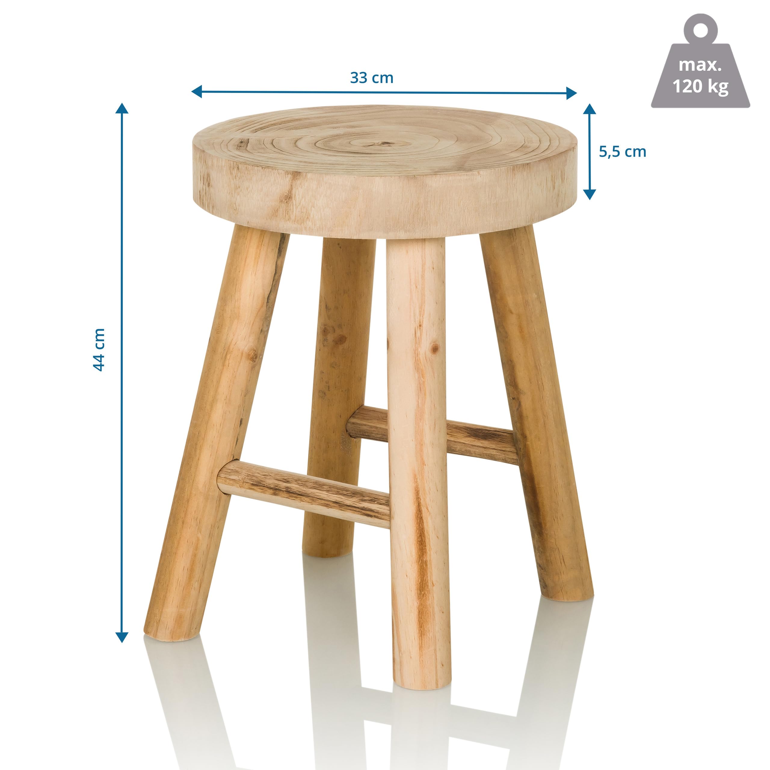 Hocker aus massiven Holz RUSTIKO W Stabiler Holzhocker Sitzhocker im Skandi-Look, Blumenhocker aus Paulownia-Holz
