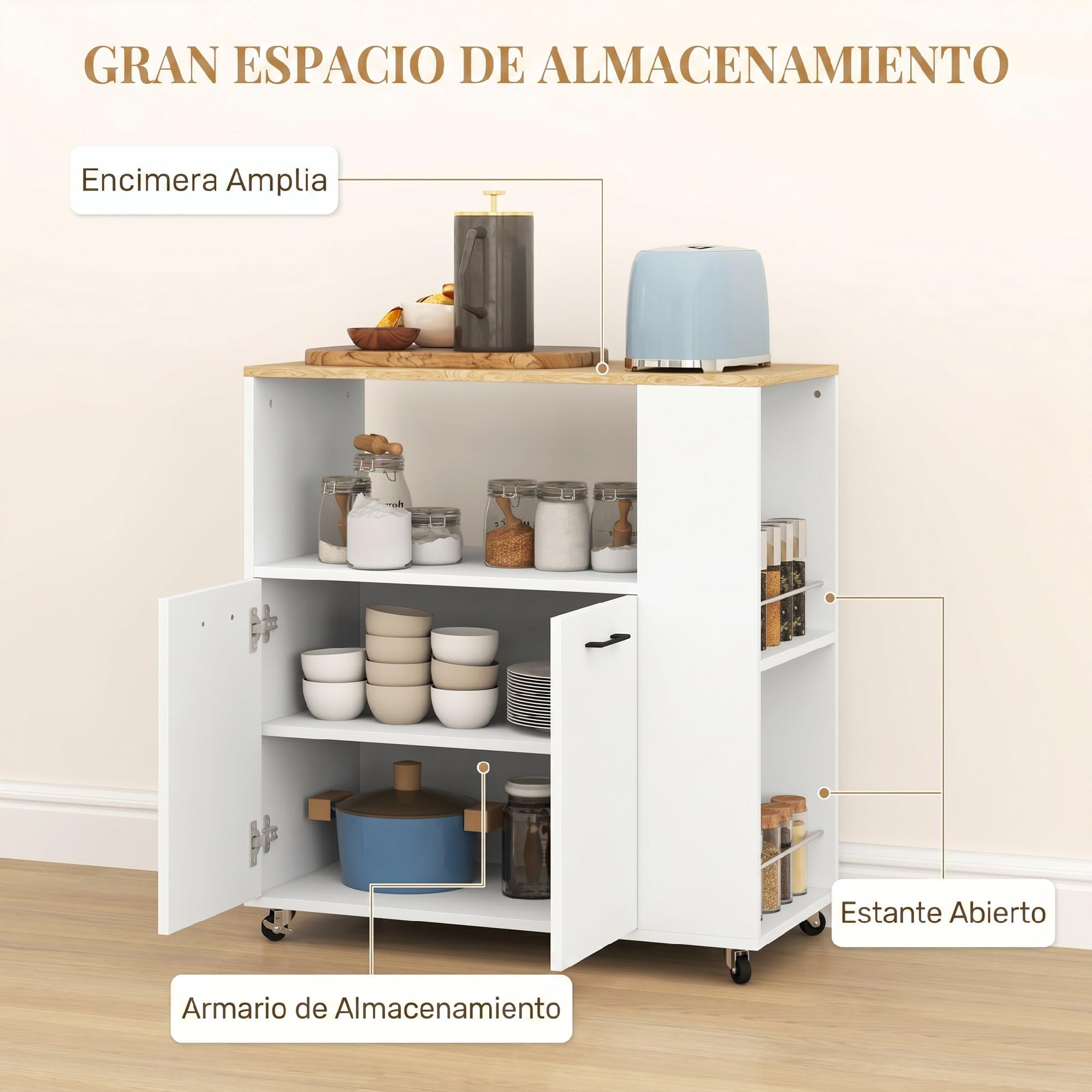 HOMCOM Carrito Auxiliar con Ruedas, Carrito de Cocina con 2 Puertas, Estante Ajustable, Especieros, para Comedor, 75x40x80,5 cm, Blanco