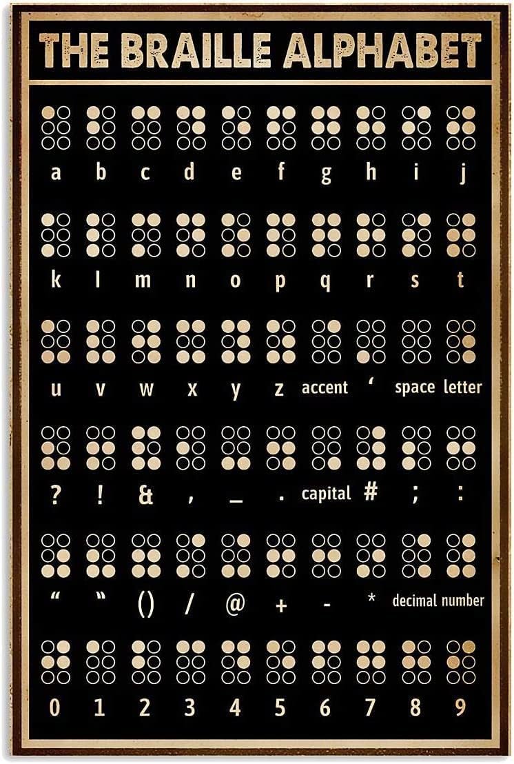 SitrMGH Braille Knowledge Metal Tin Signs the Braille Alphabet Reading Metal Posters Braille Study Guide Plaques Classrooms Office Room Wall Decor 8x12inch