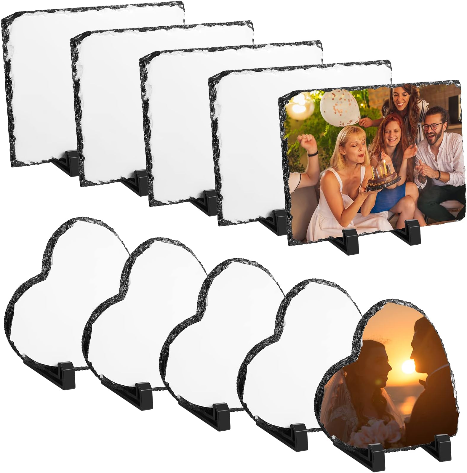 Sasylvia 10 Pcs Sublimation Slate Blanks Rectangular Heart Slate Rock Stone Photo Frame with Display Stand Sublimation Blank for Valentines Wedding Gifts Desktop Souvenir, 7.9" x 5.9", 5.9" x 5.9"