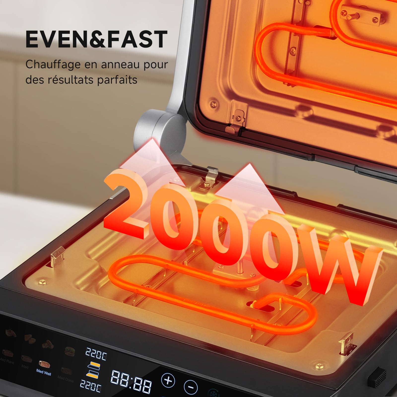 AMZCHEF Grill Contact XL 6-en-1 avec Sonde de Température, 280°C GrillBoost, 6 Programmes, Double Zone, Ouverture 180°, Plaques Antiadhésives pour Steak, Panini, Gaufres & Sandwich
