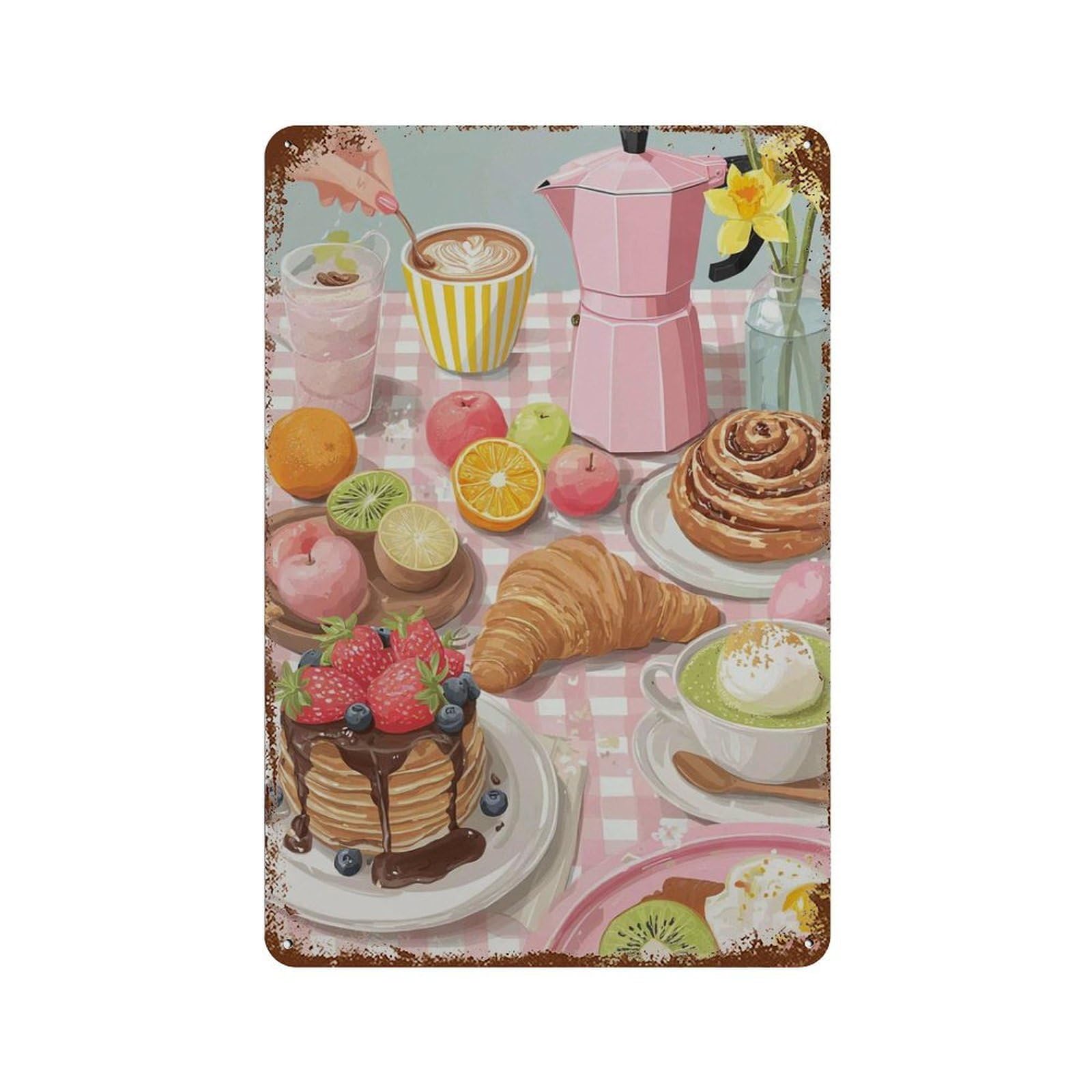 xiaoxiaoshen Breakfast Table Pastel Kitchen Croissant And Pancakes Cozy Brunch Coffee Pastry Wall Decor Art Metal Tin Poster Modern Home Decor Art Home Bar Shop Decorations Vintage Sign 30x20cm
