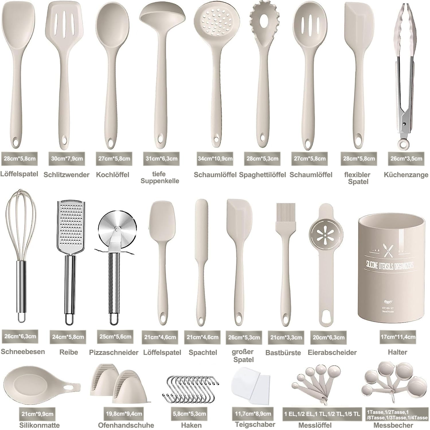 Lot de 43 ustensiles de cuisine en silicone résistants à la chaleur avec porte-ustensiles, antiadhésifs, passent au lave-vaisselle, kaki