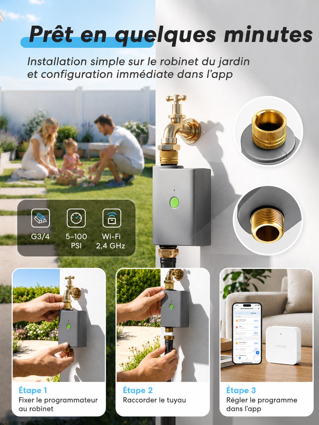 meross Programmateur Arrosage WiFi avec Smart Hub, Arrosage Automatique pour Jardin, App & Commande Vocale, Pause Pluie, Suivi Conso d’Eau, Raccords en Laiton, IP65, Alexa, Google et Apple Home, Gris