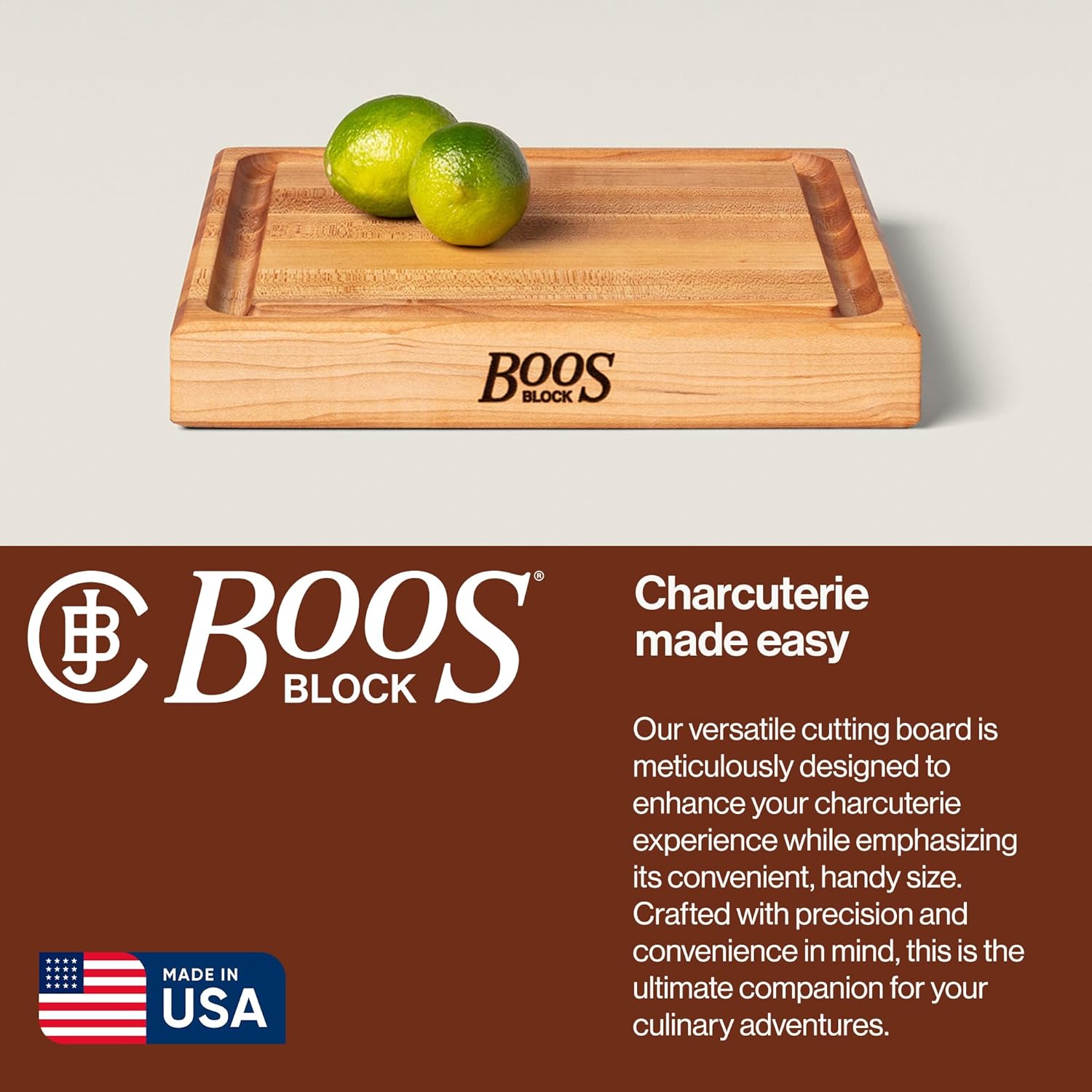 John Boos CB Series Square Wooden Maple Cutting Board 12”x12” – 1.75” Thick, 7-lb Reversible Butcher Block with Juice Groove, Edge-Grain & Finger Grips – Made in the USA