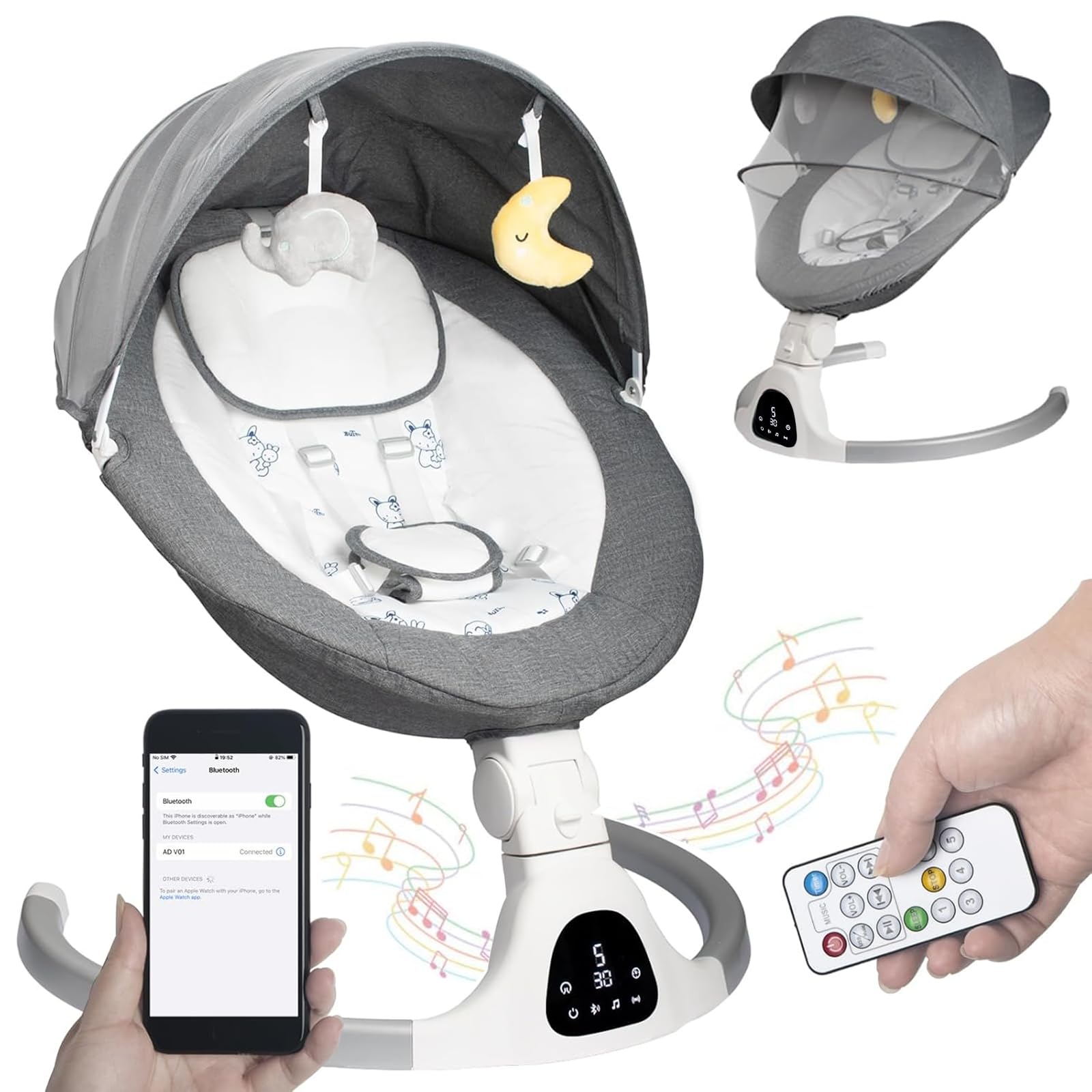 Mecedora Eléctrica para Bebé, Columpio Musical con Pantalla Digital, Multifuncional Hamaca con Mosquitera, Mando a Distancia, Control APP, Control Inteligente de 5 Velocidades