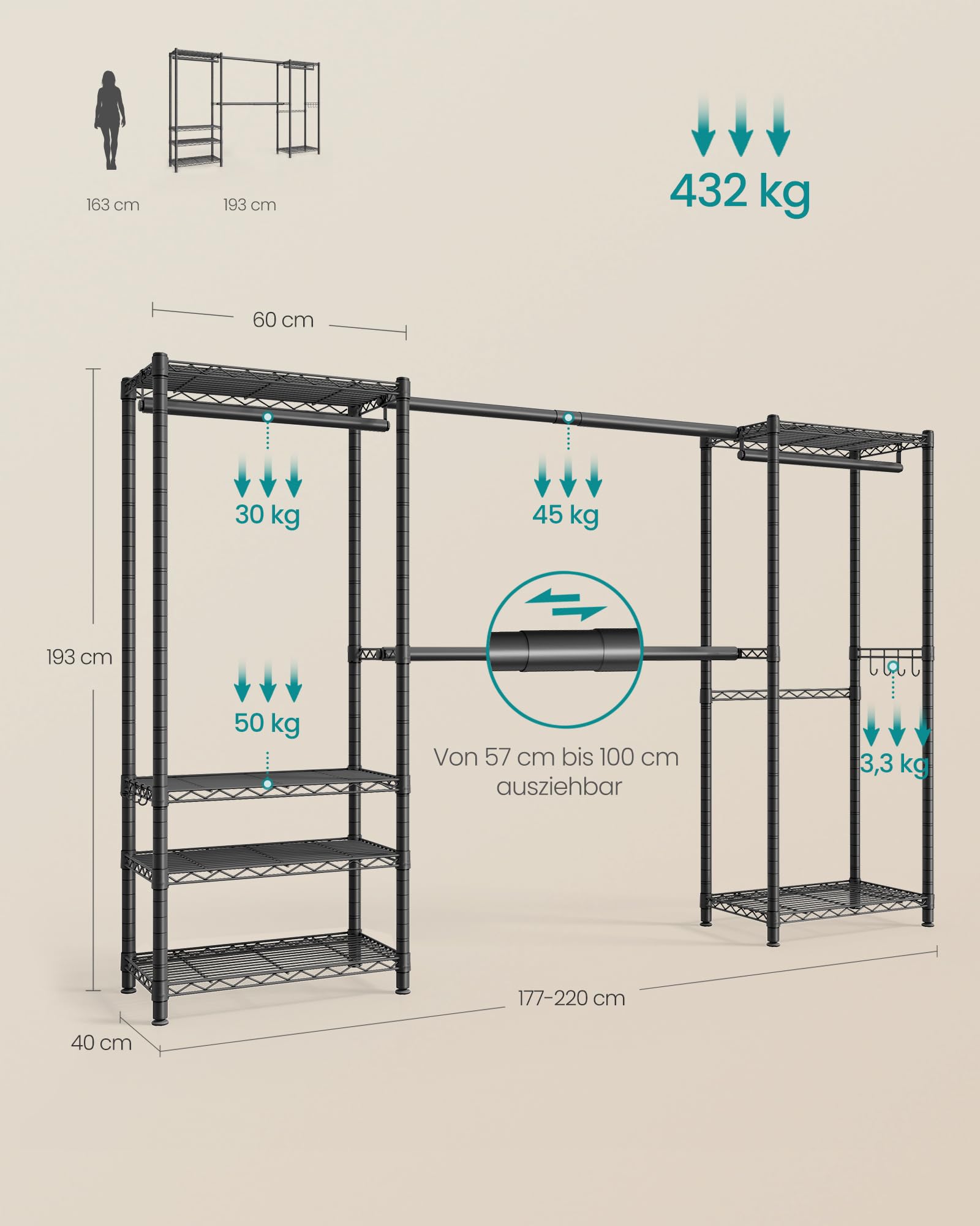 SONGMICS Kleiderständer, offener Kleiderschrank, ausziehbarer Garderobenständer, mit verstellbaren Ablagen und Kleiderstangen, Haken, 40 x (177-220) x 193 cm, tintenschwarz LGR438BH01