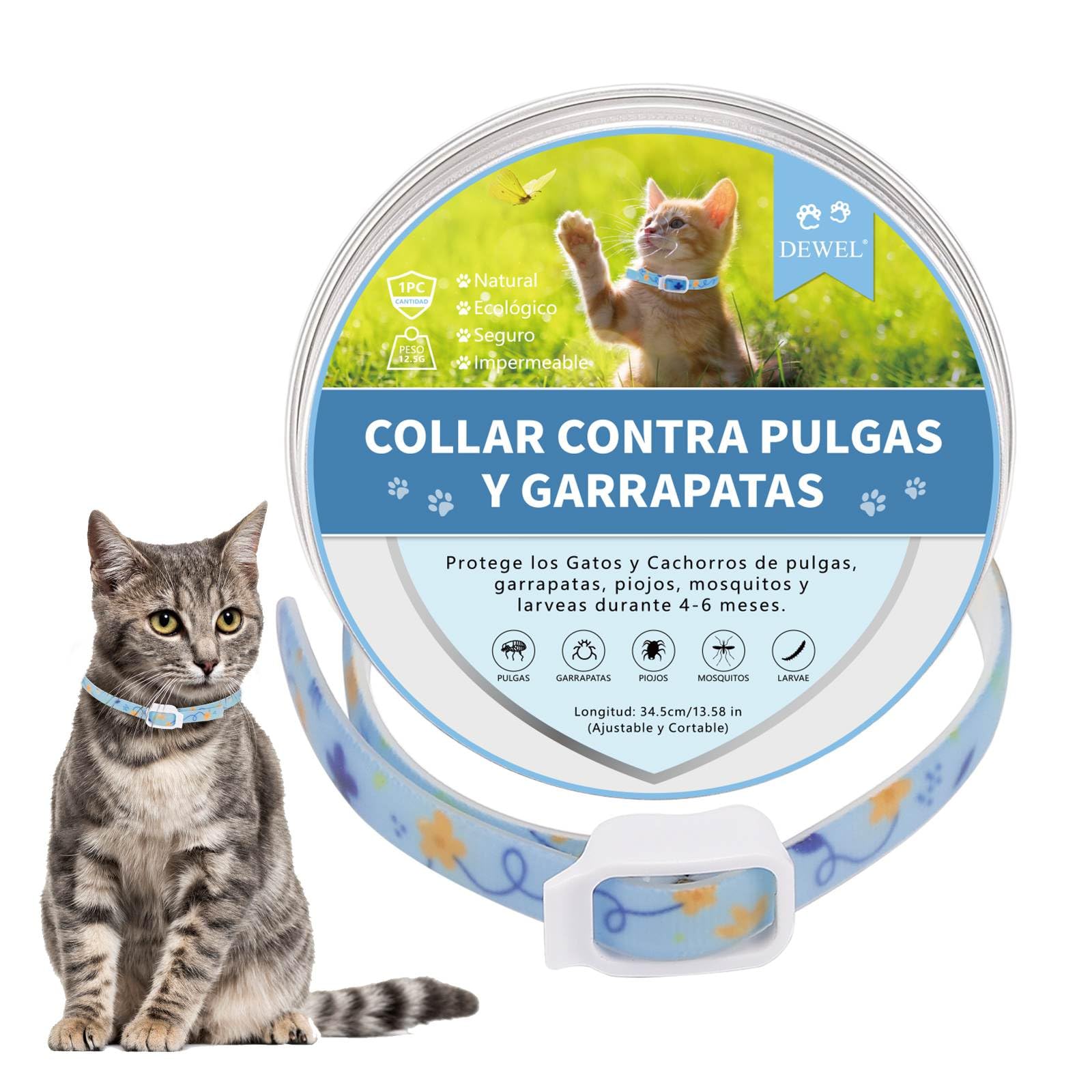 DEWEL Collar Antiparasitarios Perros, Collar contra Pulgas, Garrapatas y Mosquitos, Collar Antipulgas para Perros y Gatos 6-8 Meses, Collar para Perros y Gatos (Azul, S)